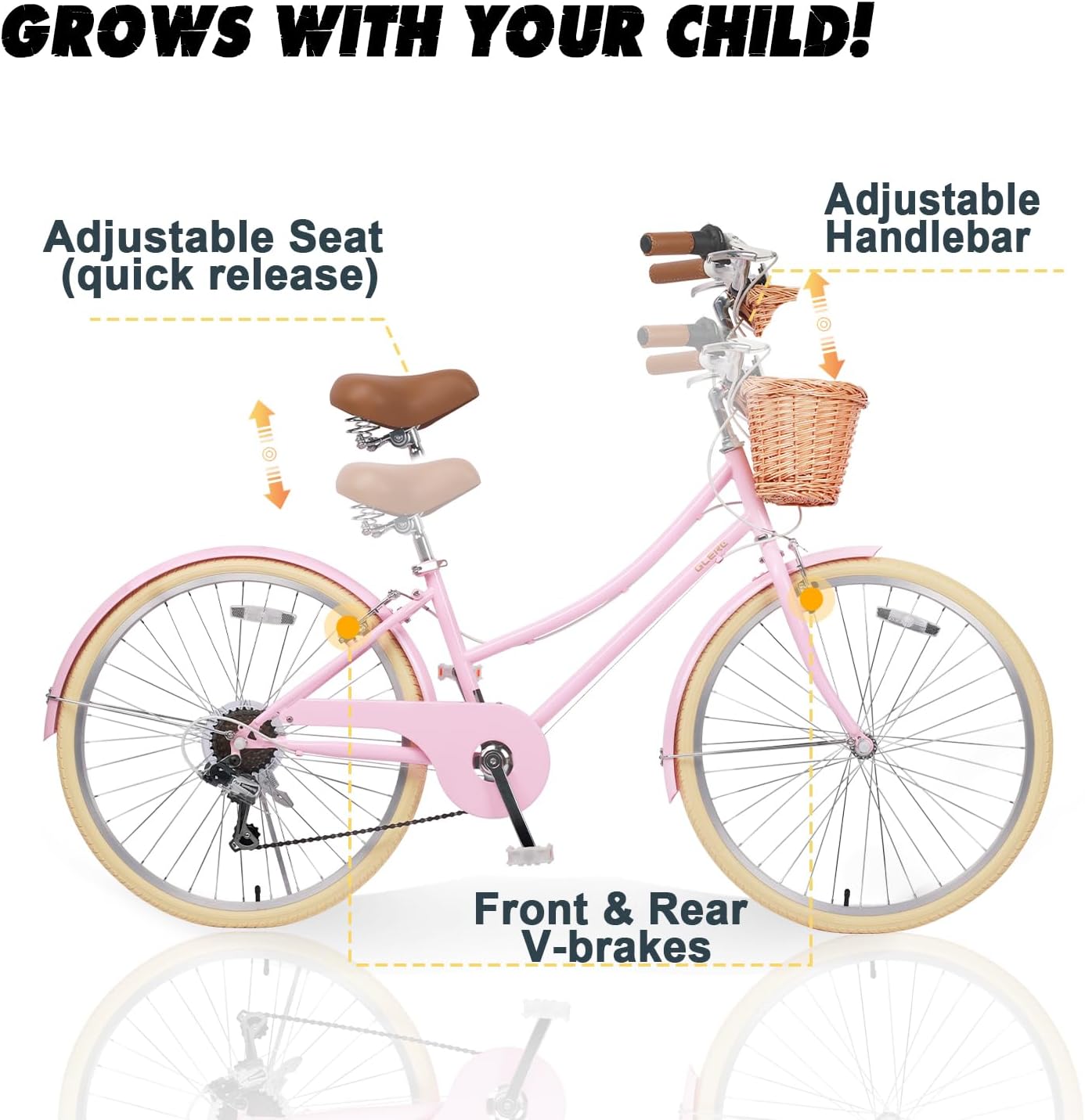 Glerc 20 24 26 Inch Beach Cruiser Bike, 6-Speed Hybrid City Bicycle for Girls Youth and Over 6 Years Old, Missy Bike with Wicker Basket & Lightweight, Multiple Colors - Image 6