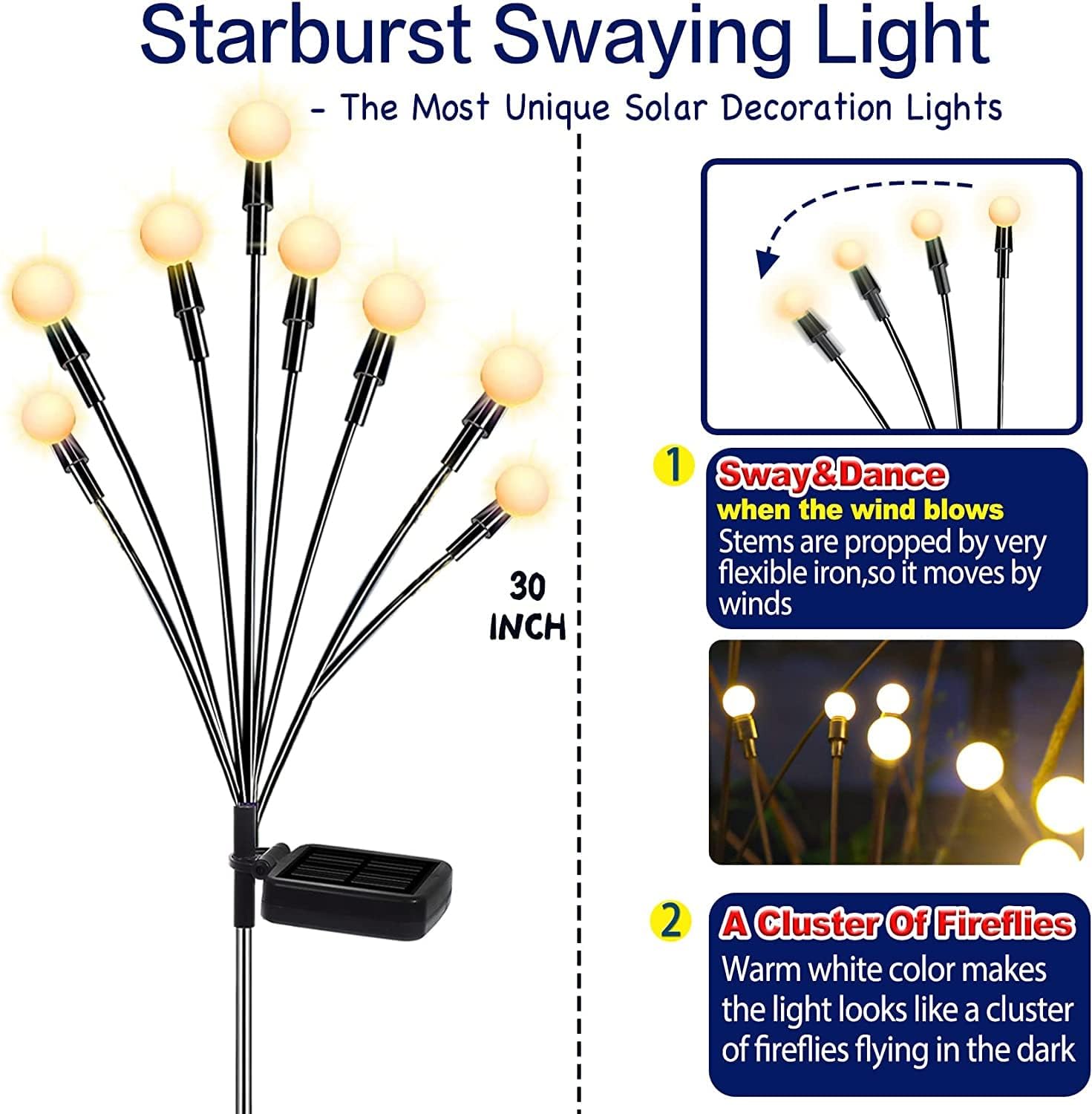 TONULAX Solar Garden Lights - Upgraded Solar Swaying Light, Sway by Wind, Outdoor Lights, Yard Patio Pathway Decoration, High Flexibility Iron Wire & Heavy Bulb Base, Warm White(2 Pack) - Image 2