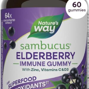 Nature’s Way Sambucus Elderberry Gummies, Immune Support Gummy for Adults & Kids Ages 4+ with Black Elderberry Extract, Vitamin C, Vitamin D3, and Zinc*, 60 Gummies
