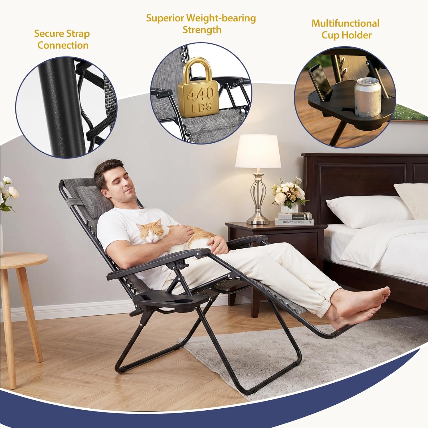 Sweetcrispy Zero Gravity Chairs, Set of 2 Portable Recliner Beach Camping Patio Outdoor Folding Lounge Chair with Cup Holder Trays and Adjustable Pillow for Poolside, Garden, Backyard, Lawn (Grey) - Image 5
