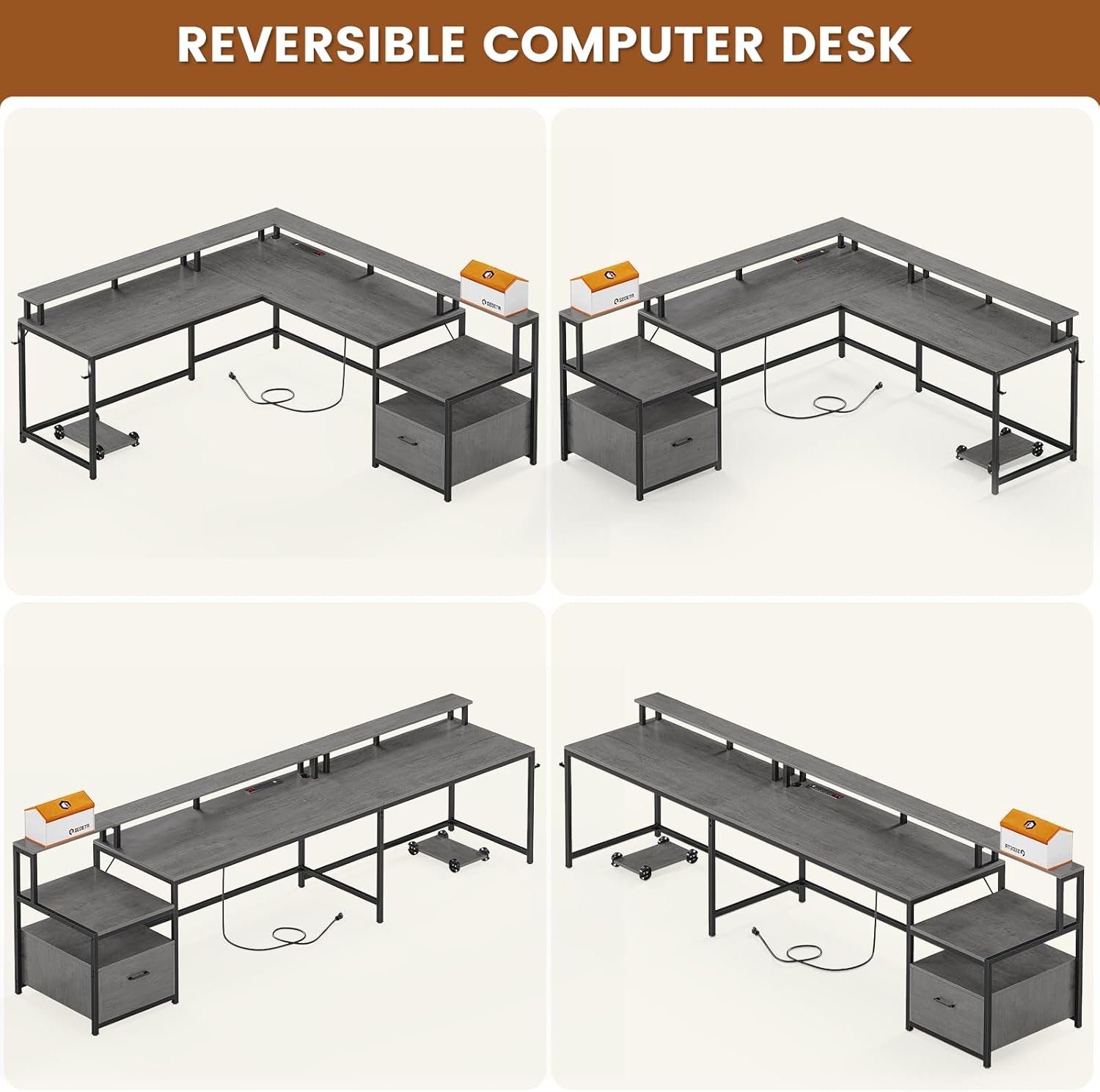 SEDETA L Shaped Desk, 66" Home Office Desk with Wood File Drawer & Power Outlet, Gaming Desk with Led Lights, Corner Computer Desk with Monitor Shelf, Printer Storage Shelves, Two Person Desk, Grey - Image 4