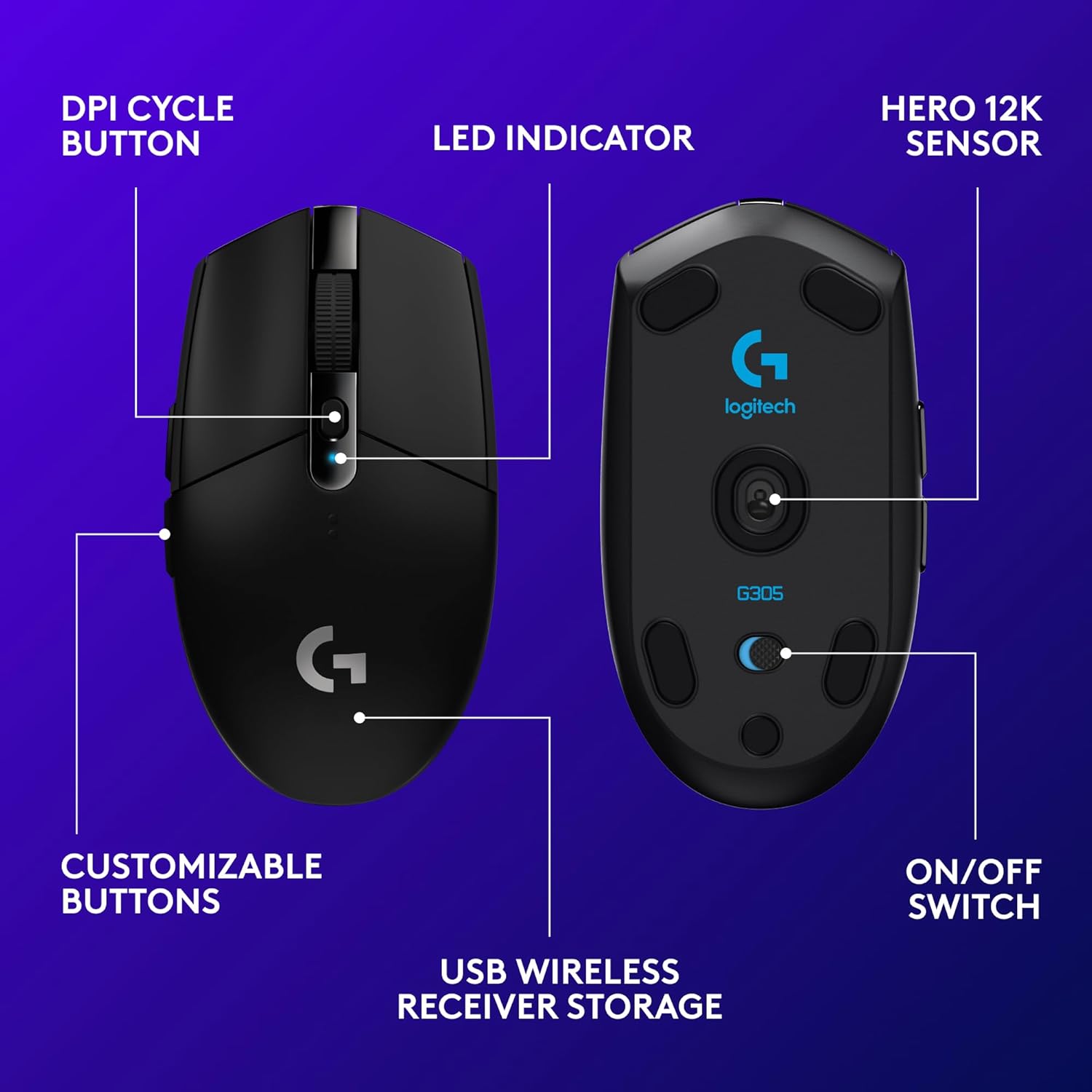 Logitech G305 Lightspeed Wireless Gaming Mouse, Hero Sensor, 12,000 DPI, Lightweight, 6 Programmable Buttons, 250h Battery, On-Board Memory, Compatible with PC, Mac - Black - Image 7