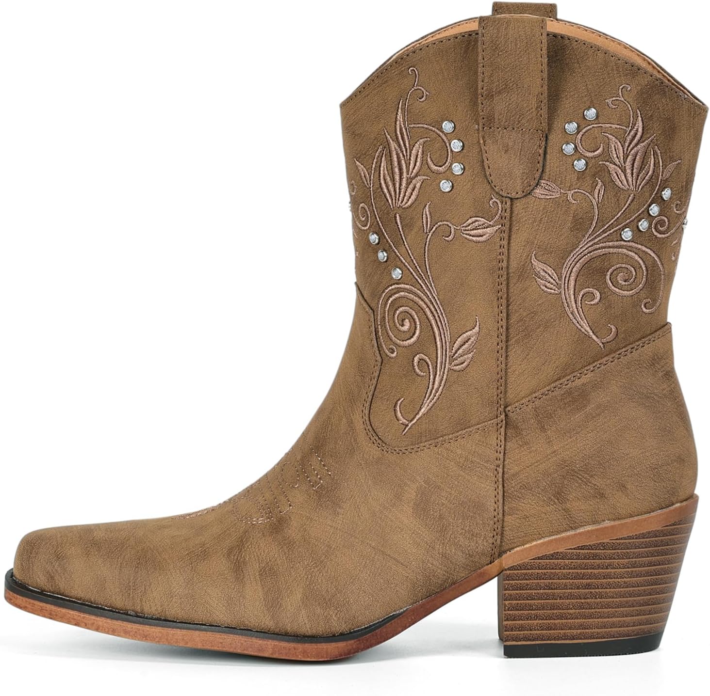 IUV Cowboy Boots for Women Ankle Cowgirl Boots with Embroidered Rhinestone Decor Chunky Heel Snip Toe Classic Western Wide Booties - Image 4