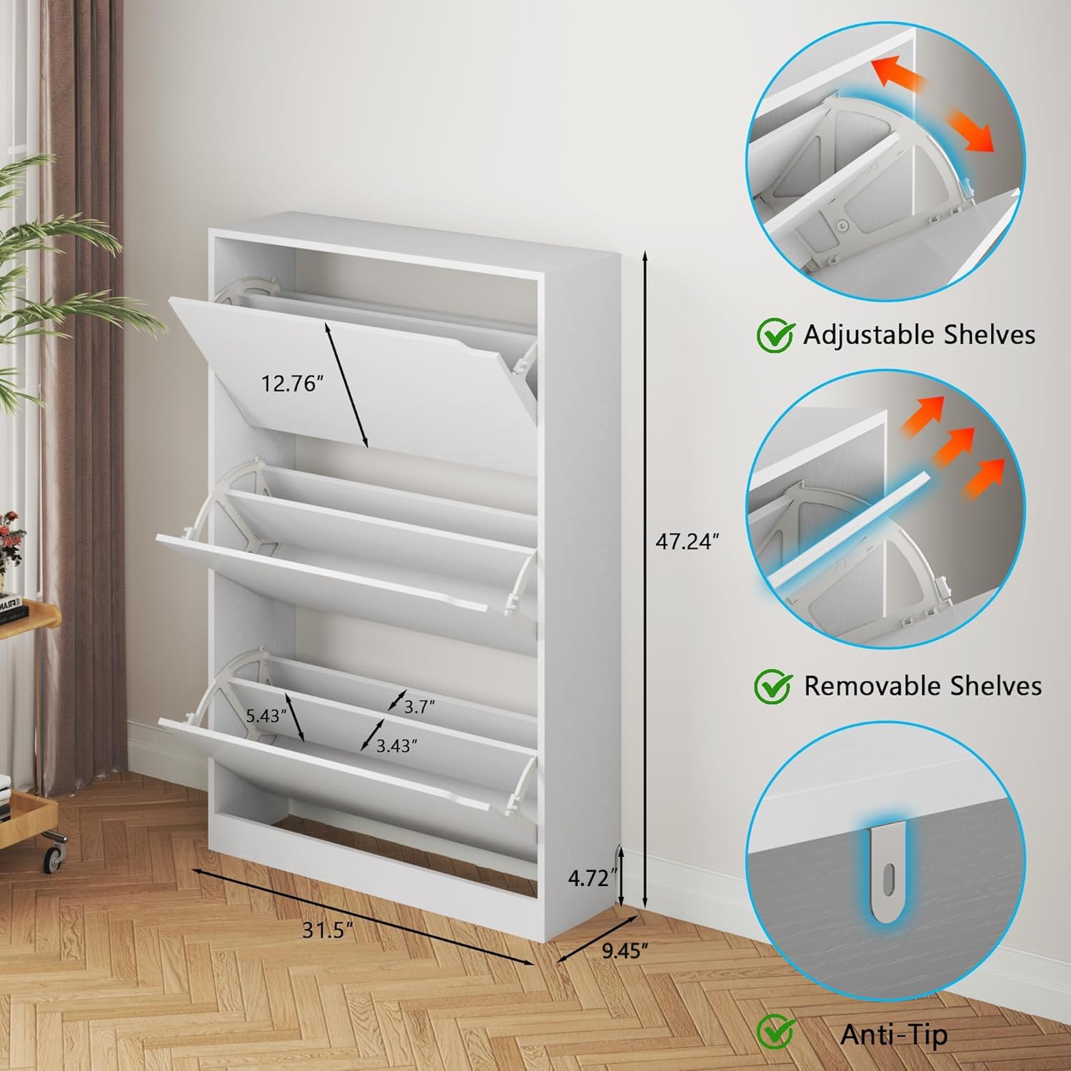 BORNOON Shoe Cabinet with 3 Flip Drawers, Hidden Wood Shoe Cabinet,Freestanding Shoe Storage Cabinet for Entryway Hallway.White. 47.2" H*31.5" W*9.45" D. - Image 2