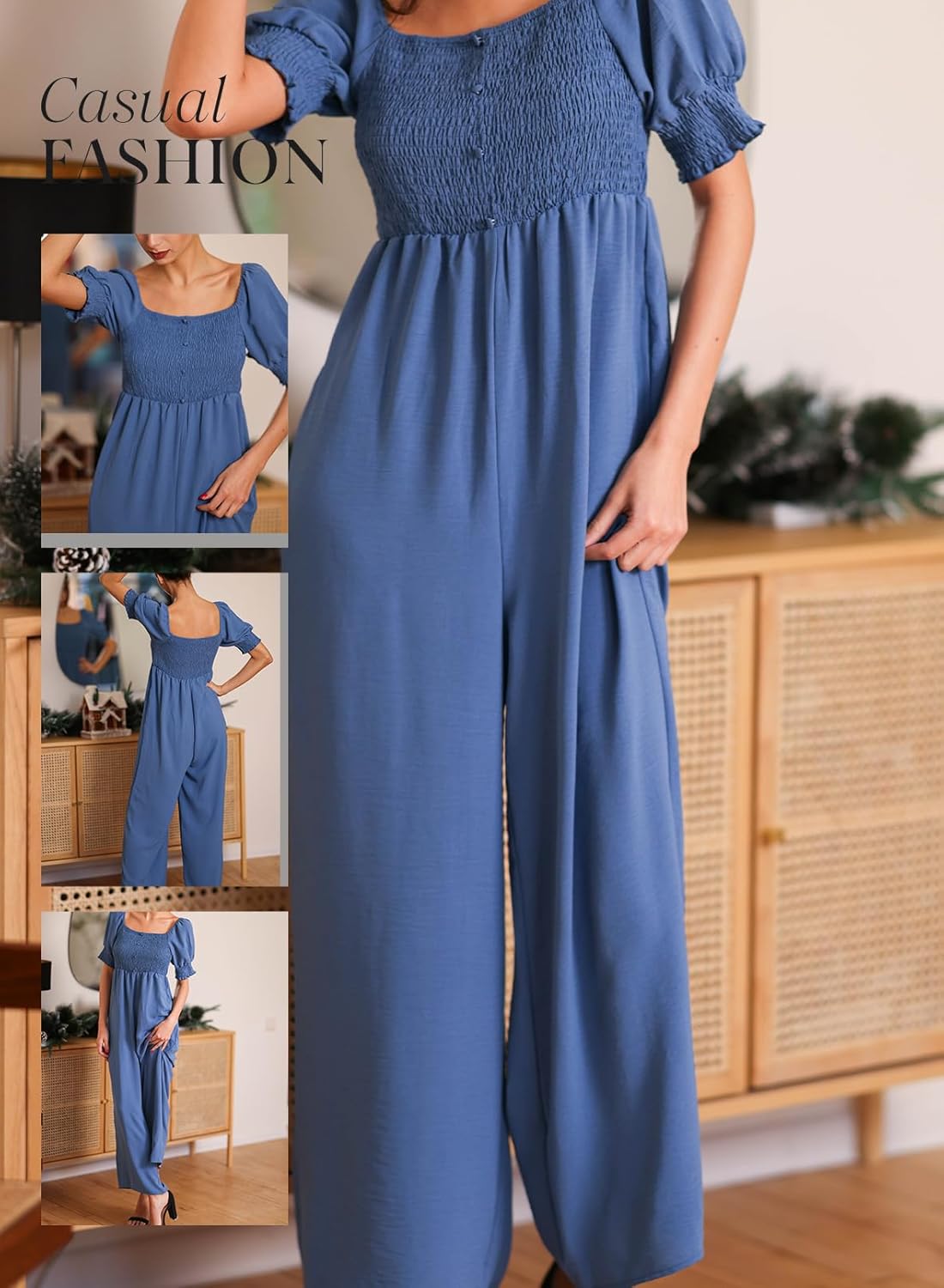 Dokotoo Jumpsuits for Women 2026 Summer Lantern Sleeves Rompers Wide Leg Casual Overalls with Pockets - Image 5
