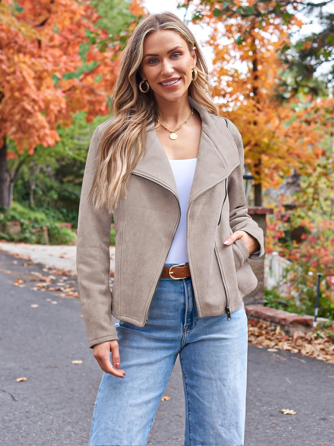 AUTOMET Women‘s Faux Suede Leather Jacket, Cropped Open Front Coat for Fall Winter Spring, Cardigan Style - Image 2