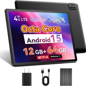Topsand 10 Inch Android 15 Tablet with SIM Card Slot Uncloked,4G Cellular Tablet Phone, Octa-Core, 12GB+64GB, 2TB Expandable, Dual Cameras, 2.4G/5G WiFi, BT5.0, GPS (Case Included)