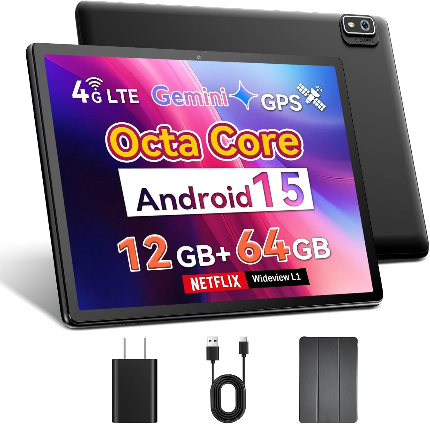 Topsand 10 Inch Android 15 Tablet with SIM Card Slot Uncloked,4G Cellular Tablet Phone, Octa-Core, 12GB+64GB, 2TB Expandable, Dual Cameras, 2.4G/5G WiFi, BT5.0, GPS (Case Included)
