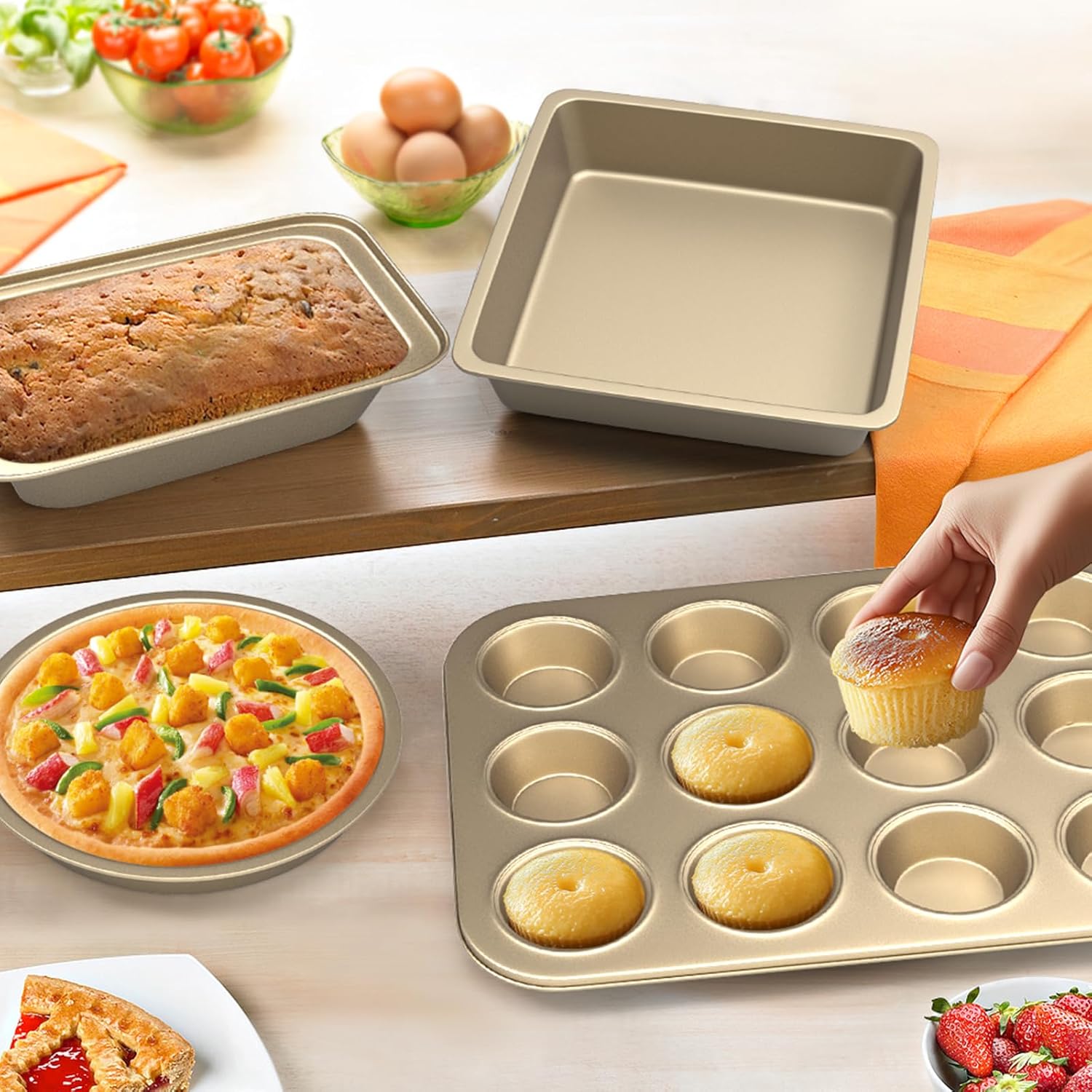 CasaCulina Baking Pans Set, 5-Piece Nonstick Bakeware Sets with Round/Square Cake Pan, Muffin Loaf Roast Pan, Baking Sheets for Oven, Kitchen Cookware Sets Baking Tray Baking Supplies, Gold - Image 6
