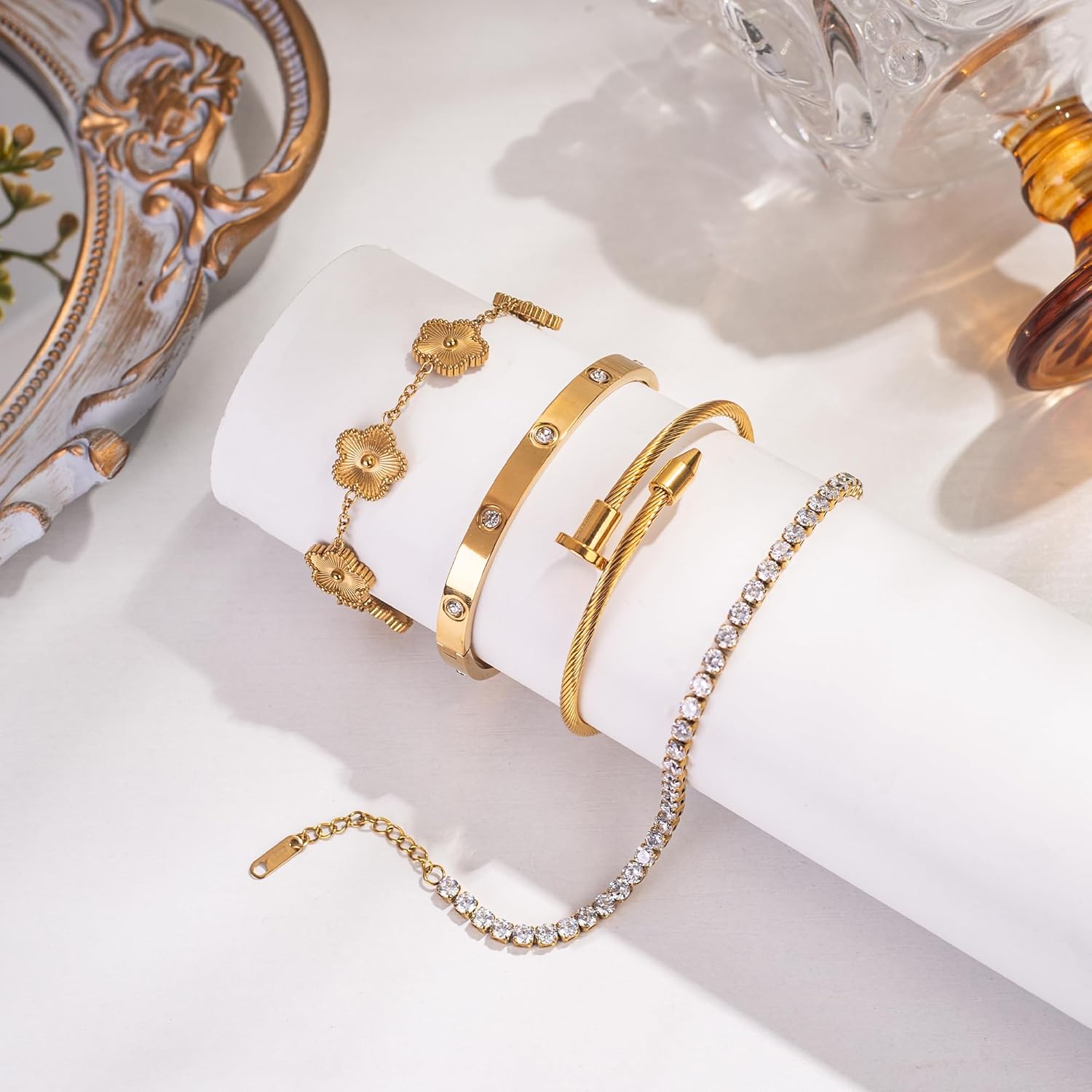 18K Gold Plated Bangle Bracelet Set for Women Stackable Lucky Floral Adjustable Tennis Bracelet Non Tarnish Gift Jewelry for Christmas Valentines Birthday Mother's Day - Image 3