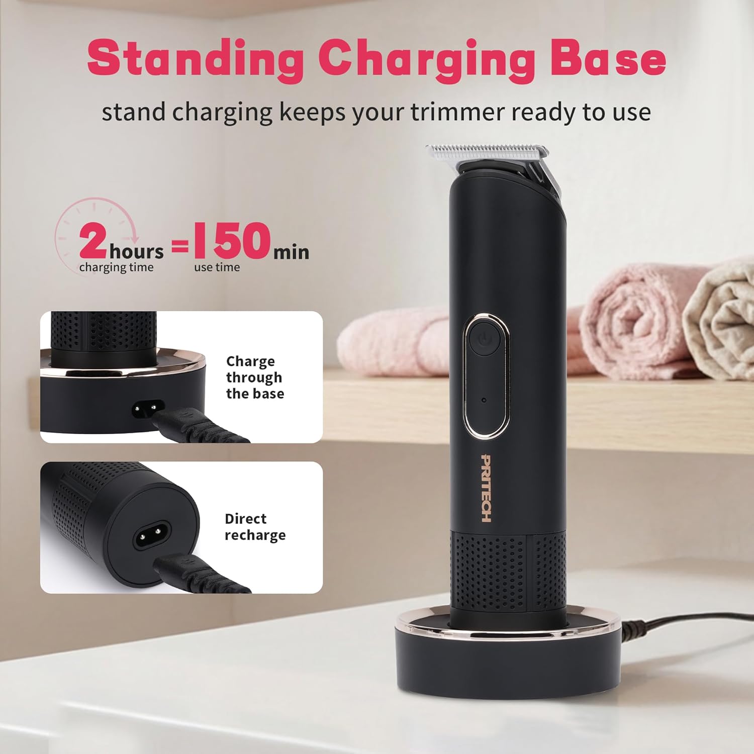 PRITECH Pubic Hair Trimmer Women - Rechargeable Bikini Trimmer for Women Pubic Hair, Wet&Dry Use, Pain-Free Electric Razor&Shaver with Standing Recharge Dock, Ideal Gift, Black - Image 5