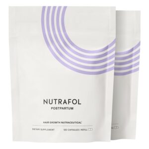 Nutrafol Postpartum Hair Growth Supplements, Clinically Tested for Visibly Thicker Hair and Less Shedding, Breastfeeding-Friendly – 2 Month Supply, 2 Refill Pouches