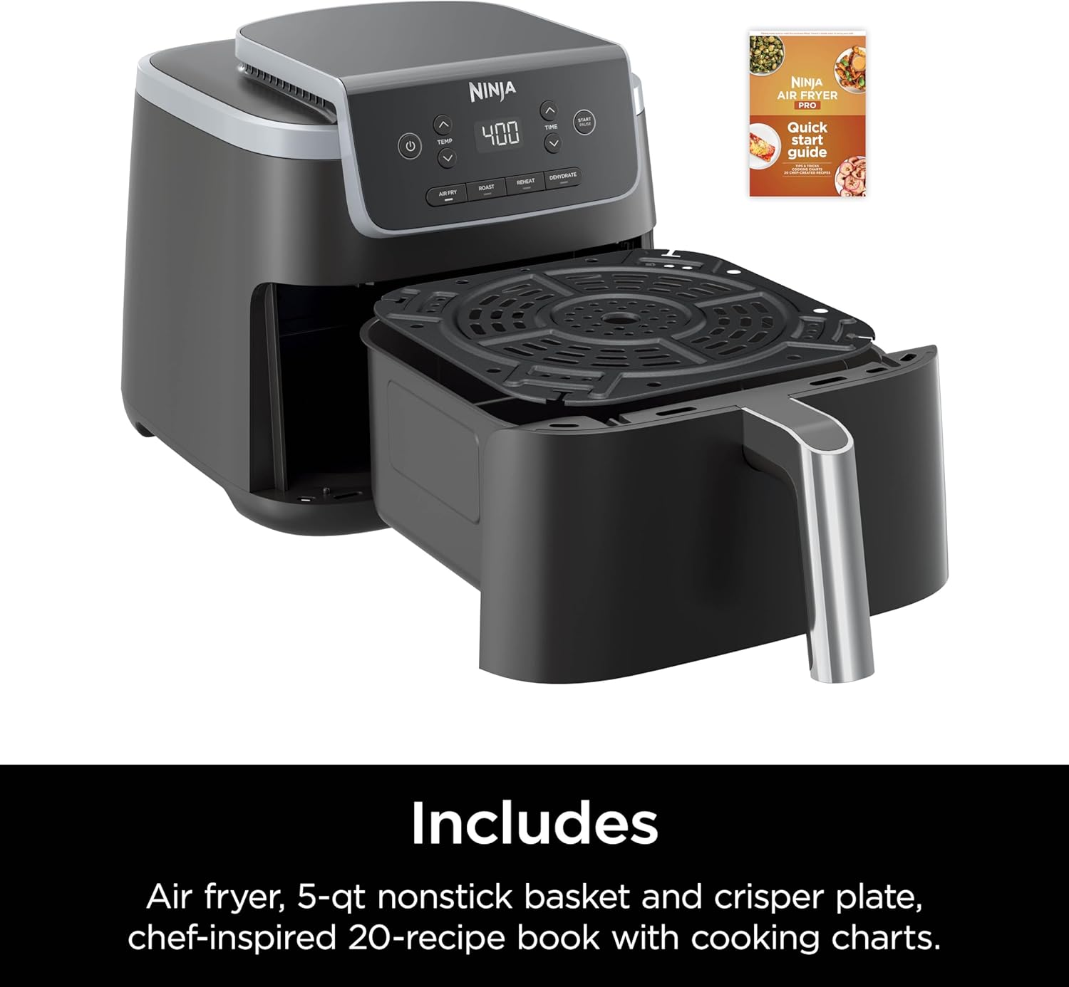 Ninja Air Fryer with Air Crisp | 5 QT Capacity fits up to 4lbs of Fries | 4-in-1 Pro Air Fry, Roast, Reheat, Dehydrate | 400°F Max Temp | 1750 Watts | W/Nonstick Basket & Crisper Plate | Grey | AF141 - Image 9