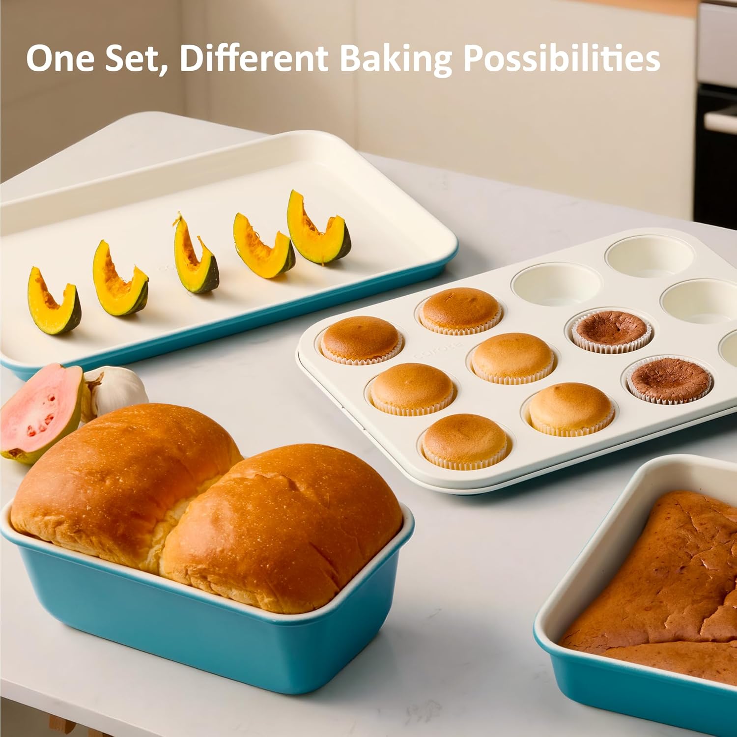 CAROTE 7-Piece Ceramic Baking Pans Set, Aluminized Steel Bakeware Sets, Toxin-Free Nonstick Stackable Oven Pans with Cookie Sheet, Muffin Pan, Loaf Pan, Roasting Pan, Cake Pans, Cooling Rack - Image 9
