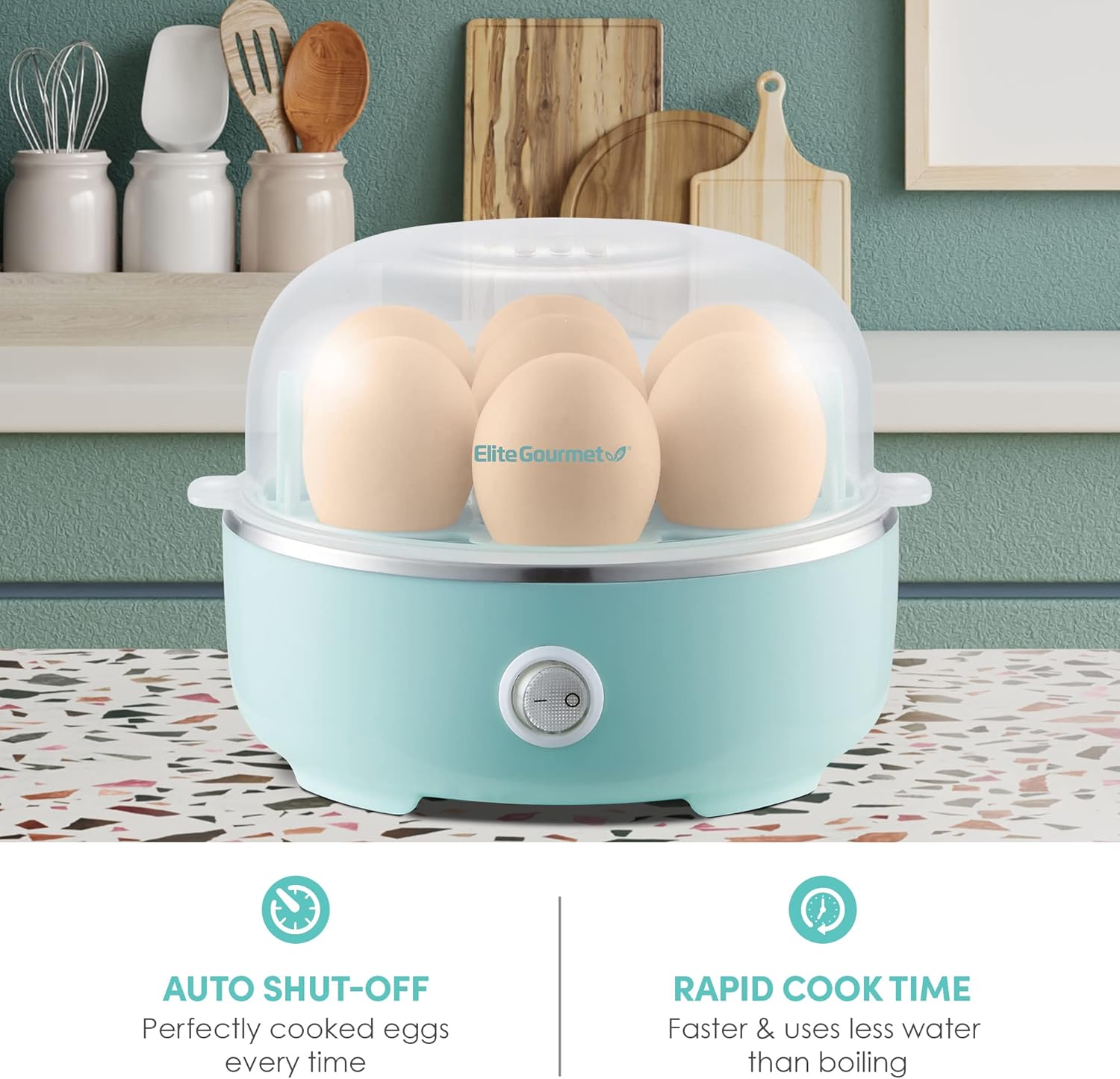 Elite Gourmet EGC115M Easy Egg Cooker Electric 7-Egg Capacity, Soft, Medium, Hard-Boiled Egg Cooker with Auto Shut-Off, Measuring Cup Included, BPA Free, Retro Mint - Image 3
