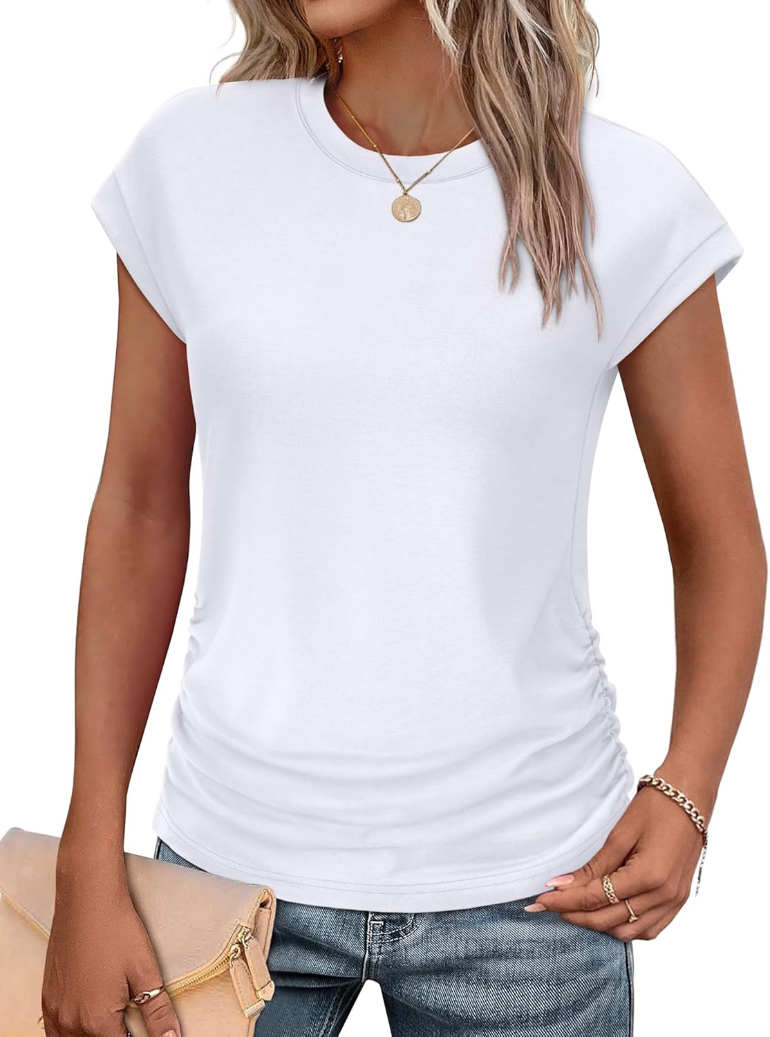 SAMPEEL Womens Summer Tops Trendy 2025 Ruched Cap Short Sleeve Tshirts Shirts Crew Neck T Shirts Fashion