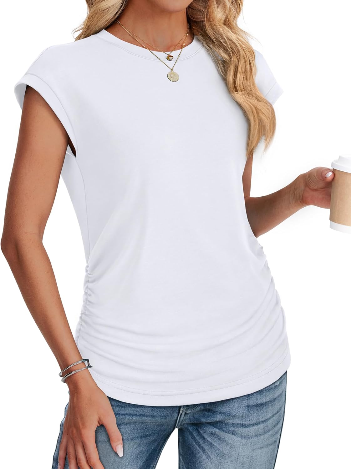 SAMPEEL Womens Summer Tops Trendy 2025 Ruched Cap Short Sleeve Tshirts Shirts Crew Neck T Shirts Fashion - Image 3