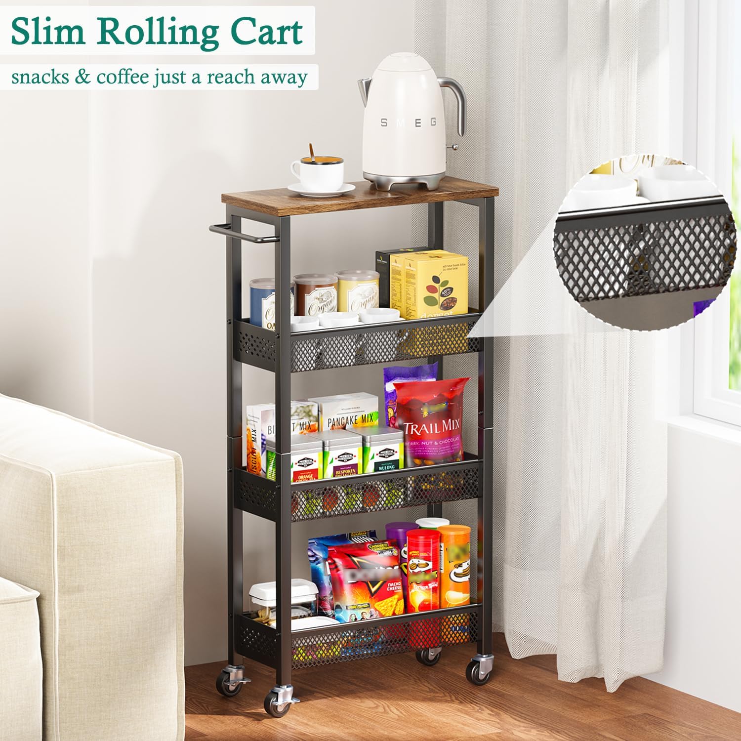 XYZLVSI Slim Storage Cart 4 Tier Narrow Kitchen Rolling Cart on Wheels for Small Space, Mobile Utility Cart Shelving Unit with Wooden Top and Metal Handle for Kitchen, Bathroom, Laundry Room - Image 5
