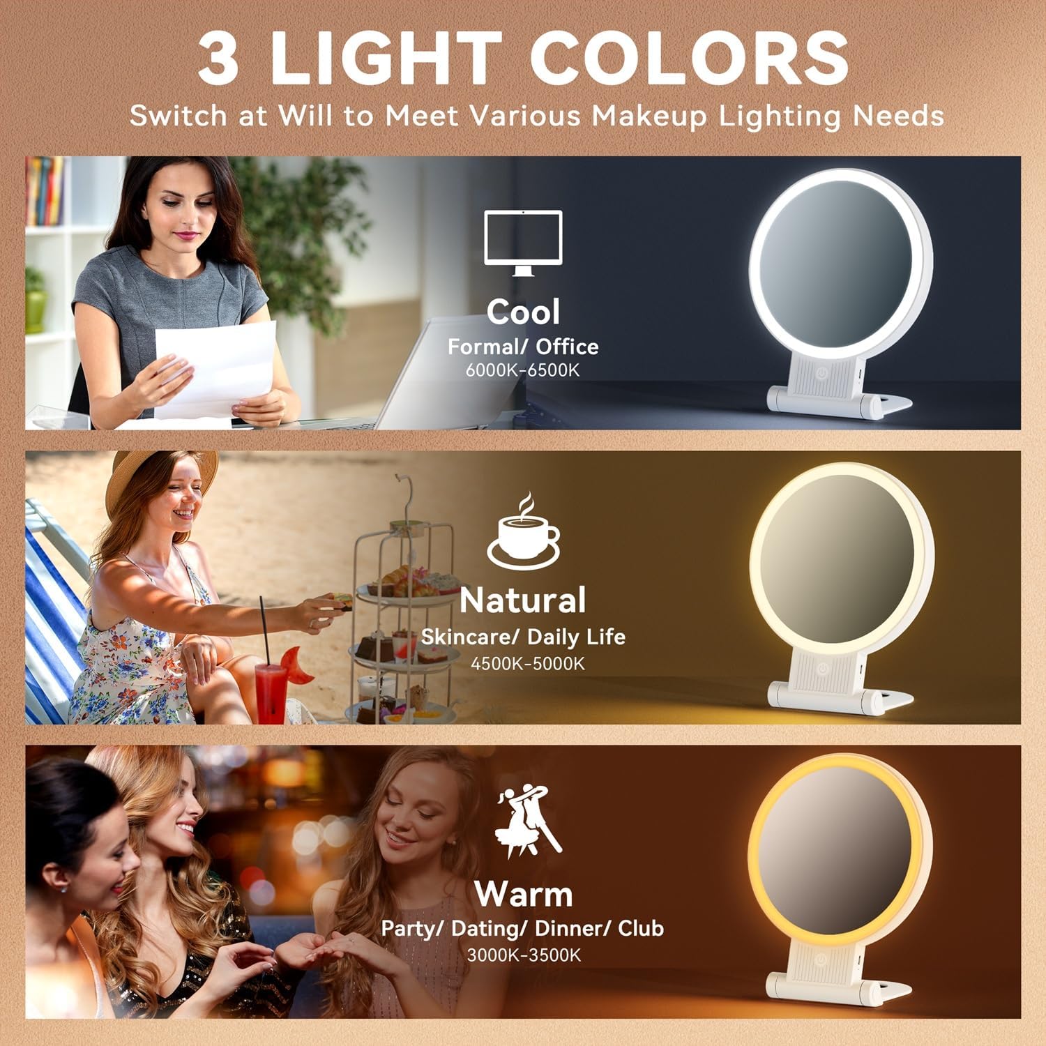 Auxmir 1X/30X Magnifying Mirror with Light, Double Sided Makeup Mirror with Adjustable 3 Color Light, 2000mAh Rechargeable Lighted Magnifying Mirrors with Tweezer, Foldable Travel Mirror with Rotation - Image 4