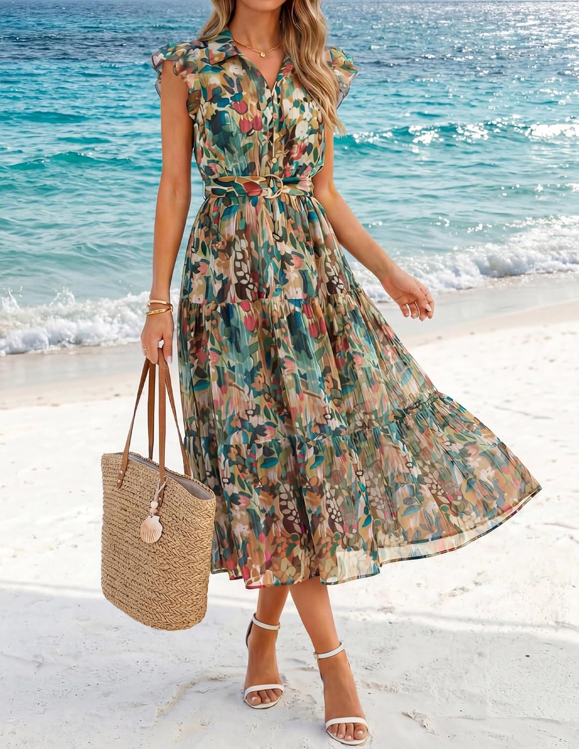 ZESICA Women's Summer Floral Midi Dress 2026 Casual Flutter Short Sleeve Chiffon Button Down Wedding Guest Party Dresses - Image 2