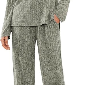 Ekouaer Womens Ribbed Knit Lounge Set Long Sleeve Henley Neck Top and Long Pants Two Piece Soft Sleepwear Matching Outfits