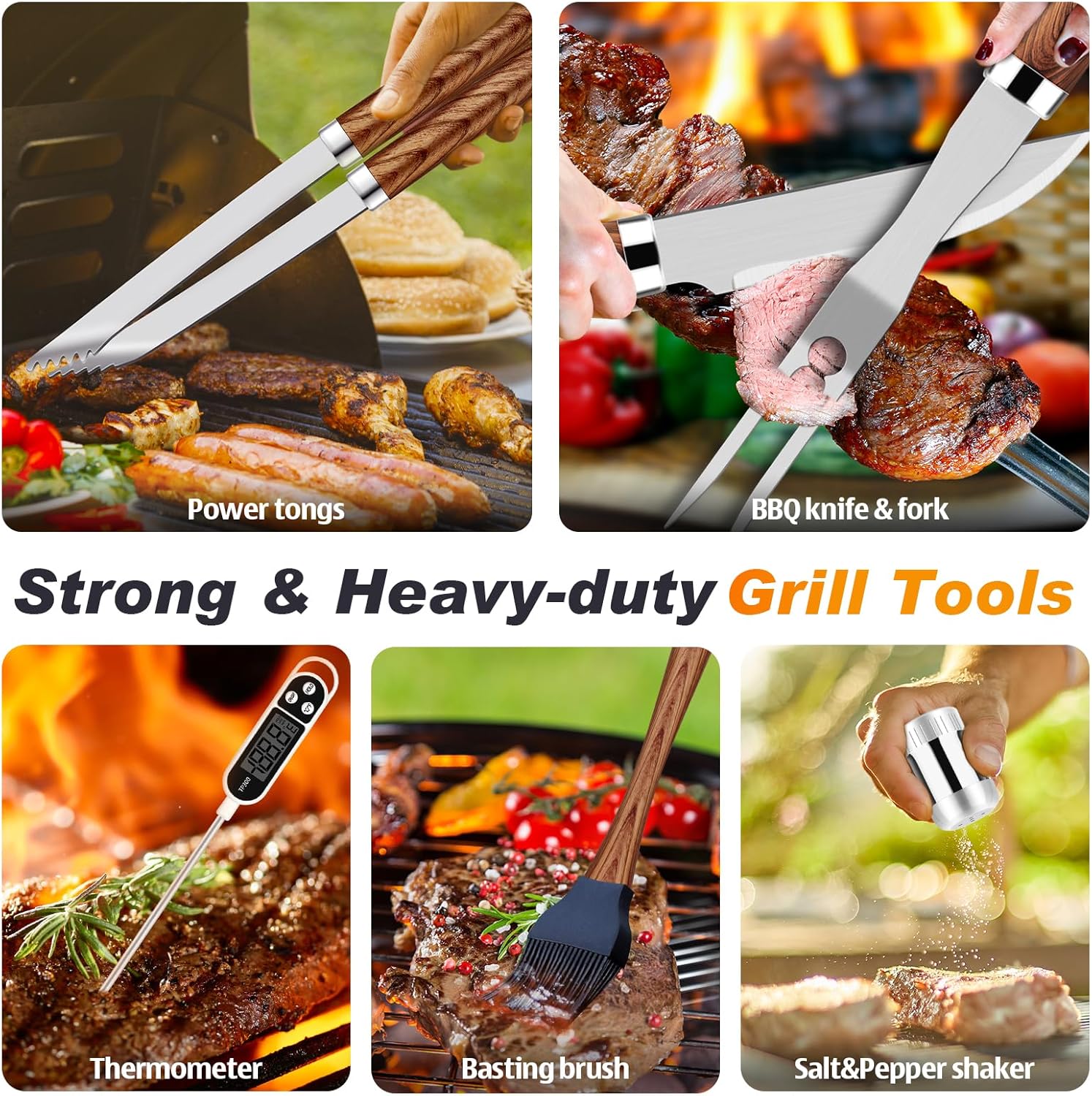 ROMANTICIST 26pcs Grilling Gifts for Men, Dad Gifts for Father's Day, Stainless Steel BBQ Grill Accessories Tools Set, Heavy Duty BBQ Utensils Kit with Apron, Thermometer, Mats in Aluminum Case Brown - Image 4