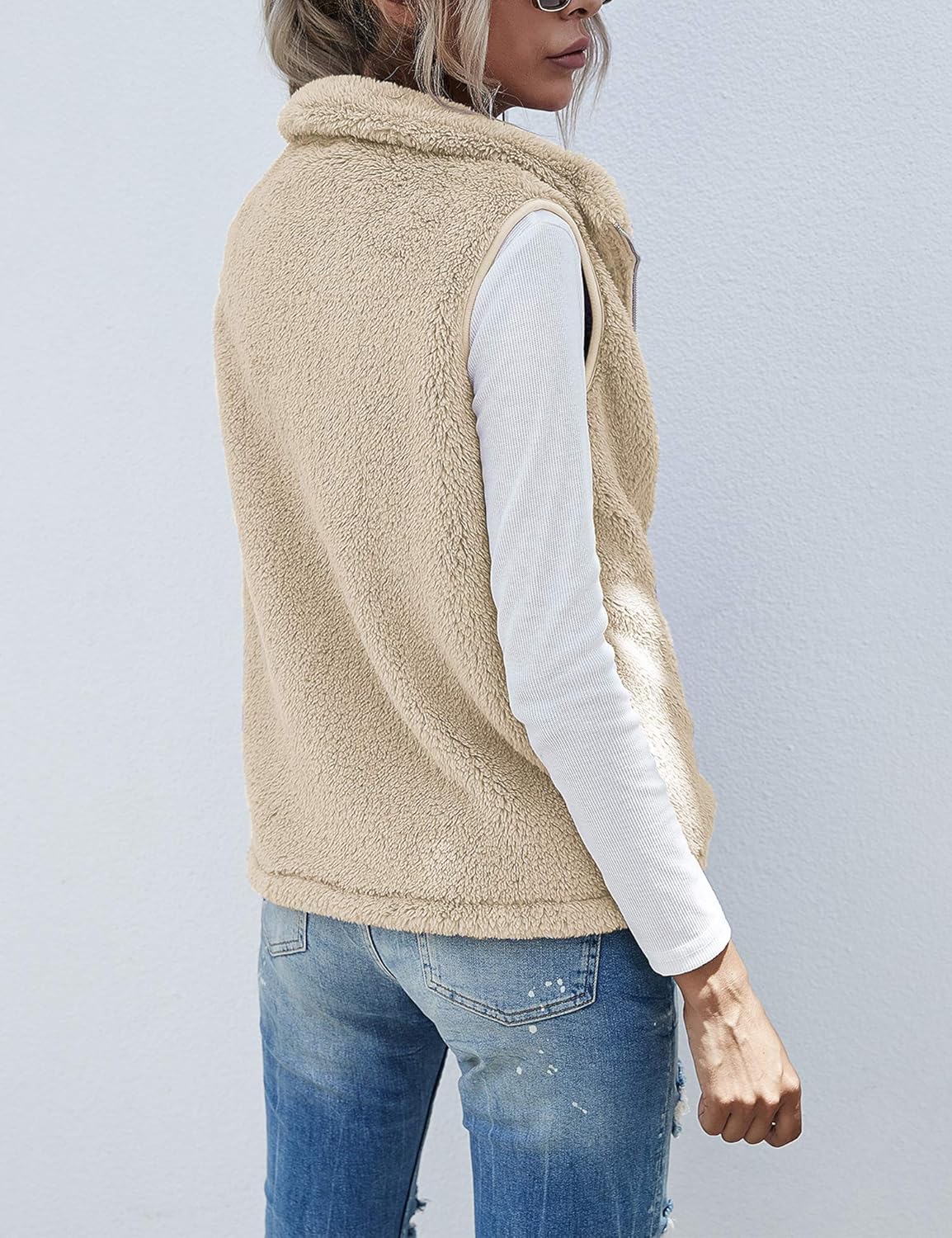 LOMON Womens Fuzzy Sherpa Fleece Jacket Lightweight Vest Cozy Sleeveless Cardigan Zipper Waistcoat Outerwear with Pocket - Image 5