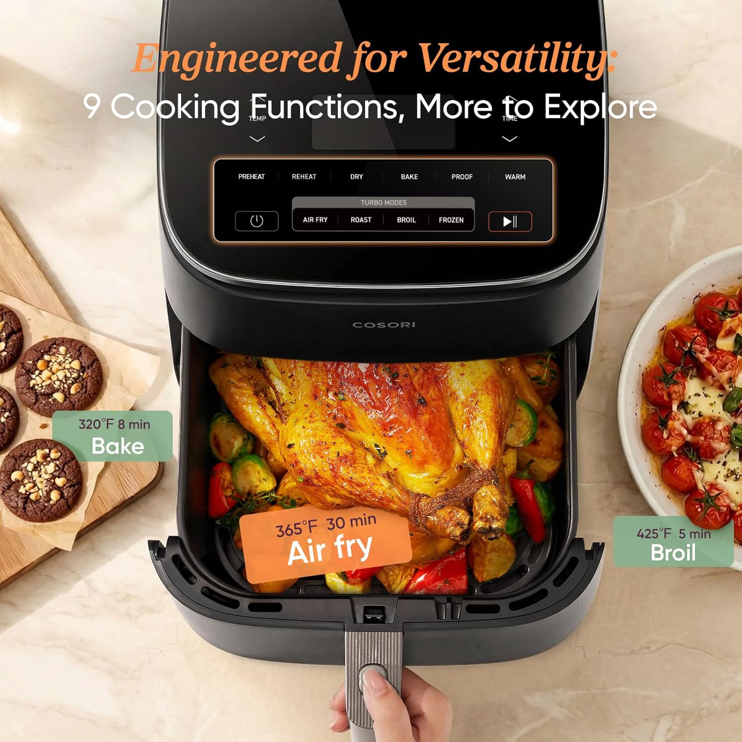 Cosori 9-in-1 TurboBlaze Air Fryer 6 Qt, PFAS-Free Ceramic Coating, 90°–450°F, Precise Heating for Even Results, Air Fry, Roast, Bake, Broil, Dry, Frozen, Proof, Reheat, Keep Warm, 120V, Dark Gray - Image 3