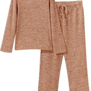 Ekouaer Womens Ribbed Knit Lounge Set Long Sleeve Top and Long Pants Sleepwear Pajama Set Two Piece Matching Set with Pockets