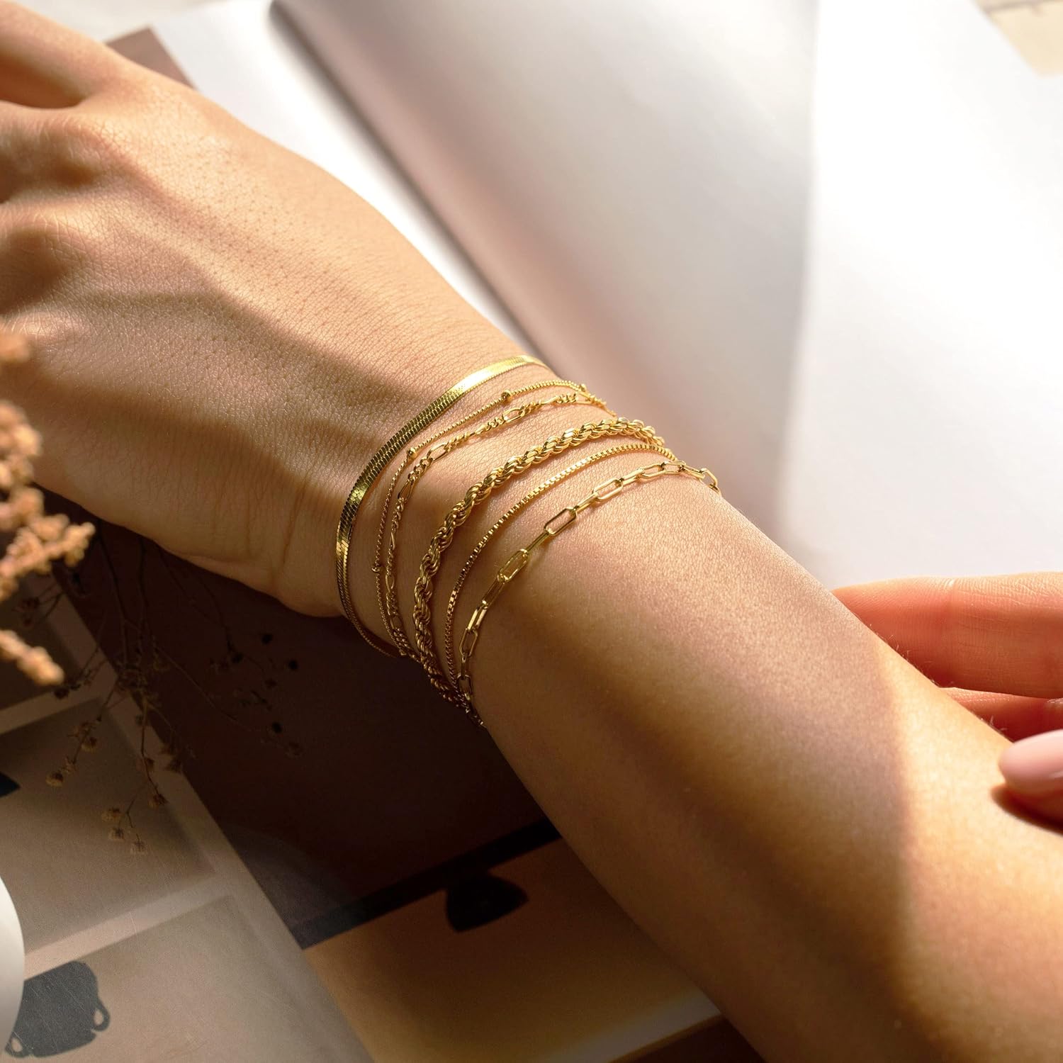 Mothers Day Gifts for Mom Gold Bracelets for Women Waterproof, 14K Gold Plated Jewelry Sets Trendy Thin Dainty Stackable Cuban Link Paperclip Chain Bracelet Pack Fashion Accessories Gifts for Womens - Image 3