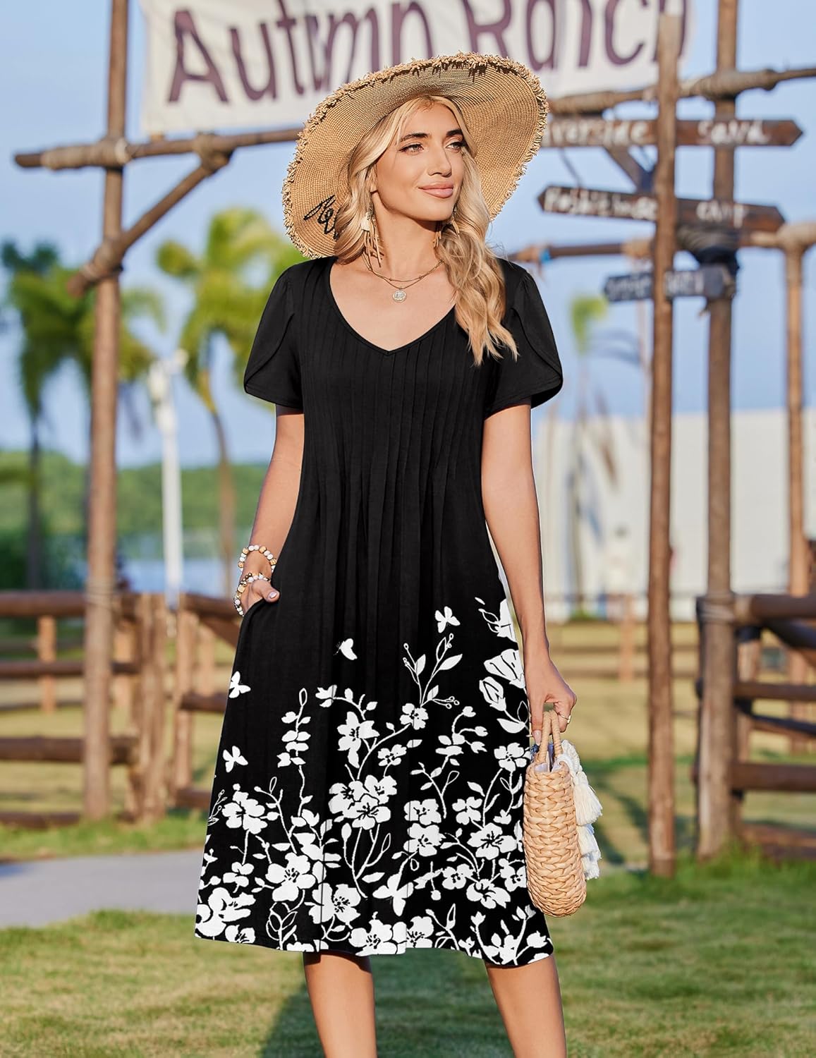 Zeagoo Womens Casual Summer Dress 2026 Short Sleeve Dresses Pleats Midi A Line Flowy Dress Boho Beach Sundress with Pockets - Image 3