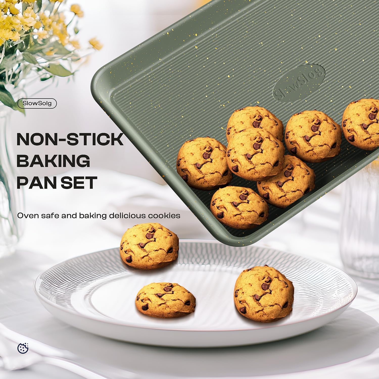 12-Piece Nonstick Baking Set, Non-Toxic Bakeware Sets with Baking Sheet, Cake Pan, Square Pan, Loaf Pan, Roasting Pan, Muffin Pan, Cookie Sheet, Cooling Rack & Kitchen Utensilss - Ceramic Coated Green - Image 4