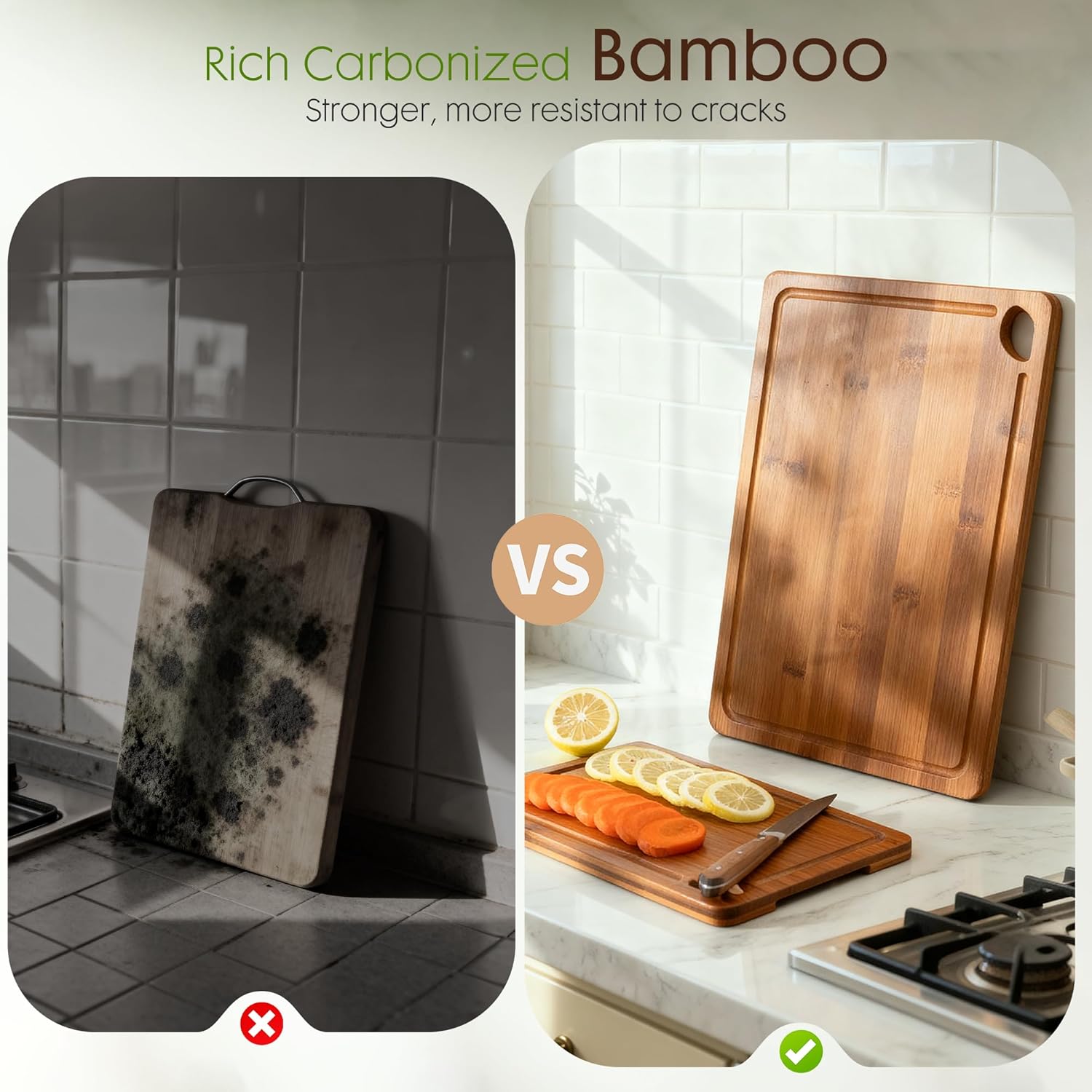 Astercook Deep-Carbonized Bamboo Cutting Boards for Kitchen with Wood Storage Stand, Reversible Charcuterie & Chopping Boards with Juice Grooves and Easy-Grip Handles, Mothers Day Gifts - Image 9