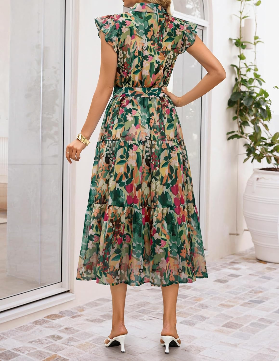 ZESICA Women's Summer Floral Midi Dress 2026 Casual Flutter Short Sleeve Chiffon Button Down Wedding Guest Party Dresses - Image 5