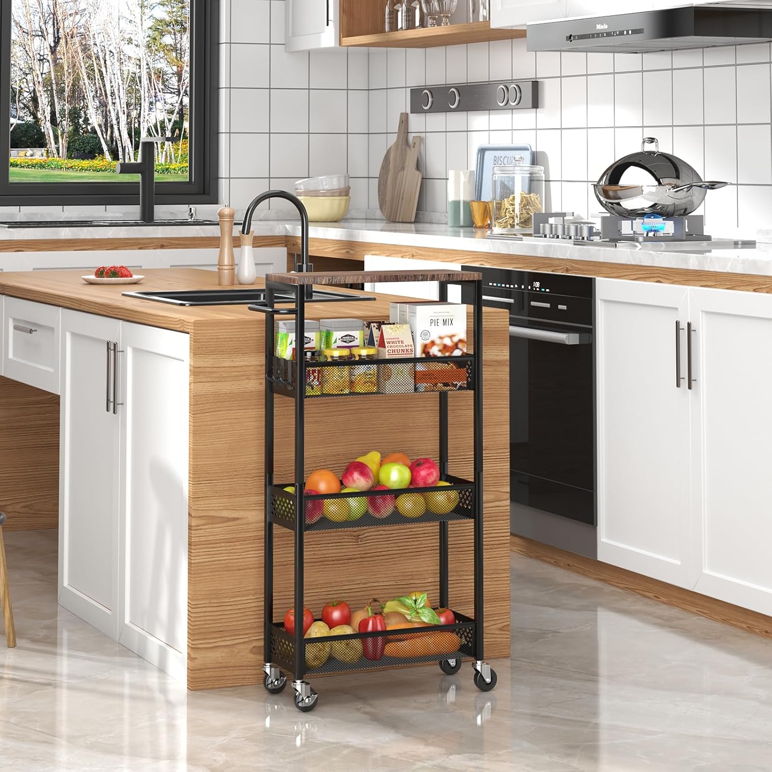 XYZLVSI Slim Storage Cart 4 Tier Narrow Kitchen Rolling Cart on Wheels for Small Space, Mobile Utility Cart Shelving Unit with Wooden Top and Metal Handle for Kitchen, Bathroom, Laundry Room - Image 7