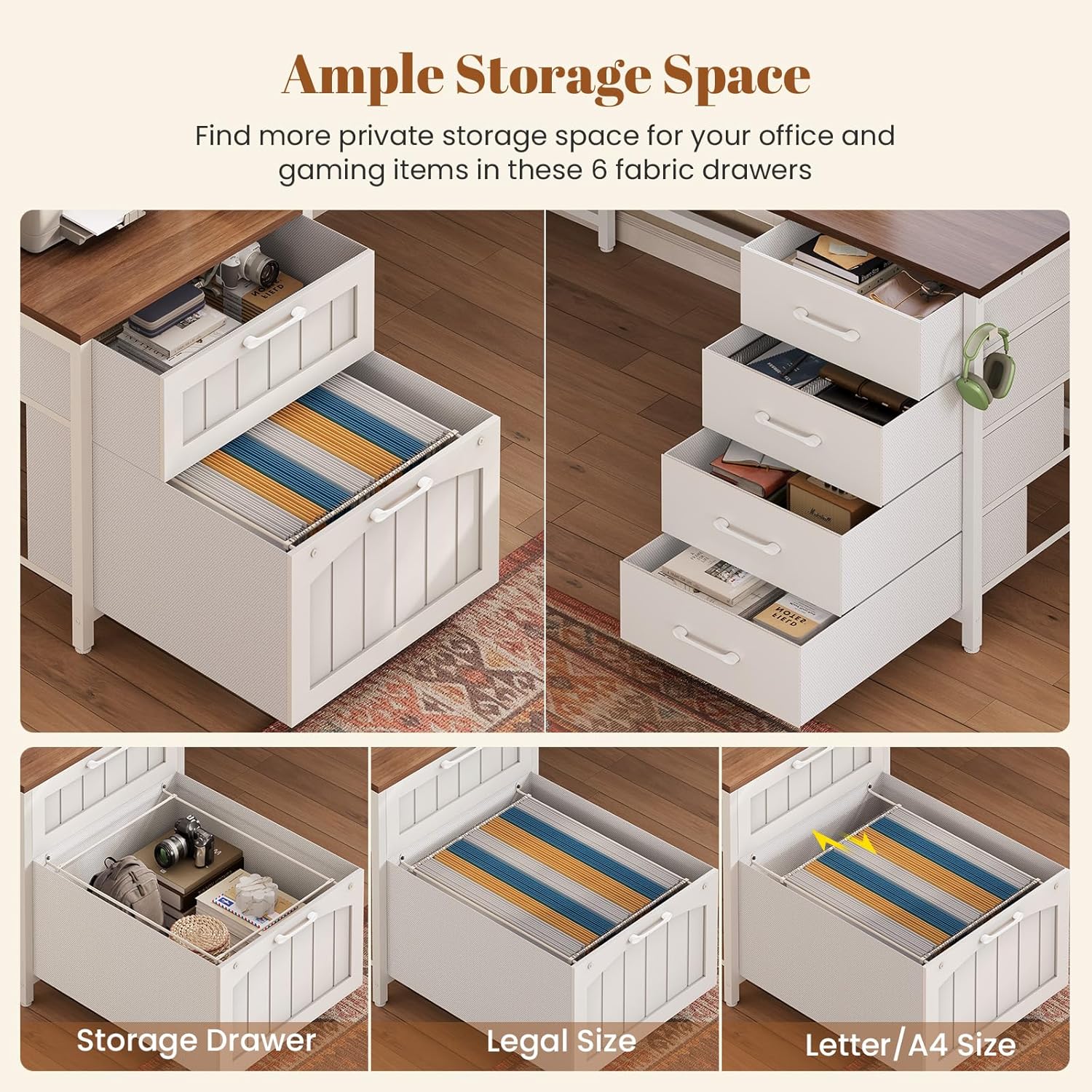 SEDETA Farmhouse L Shaped Office Desk with 6 Drawer, Reversible Computer Desk with Power Outlet, Hutch for Home Office/Two Person, Corner Desk with File Drawer & Printer Storage Shelves, White - Image 4