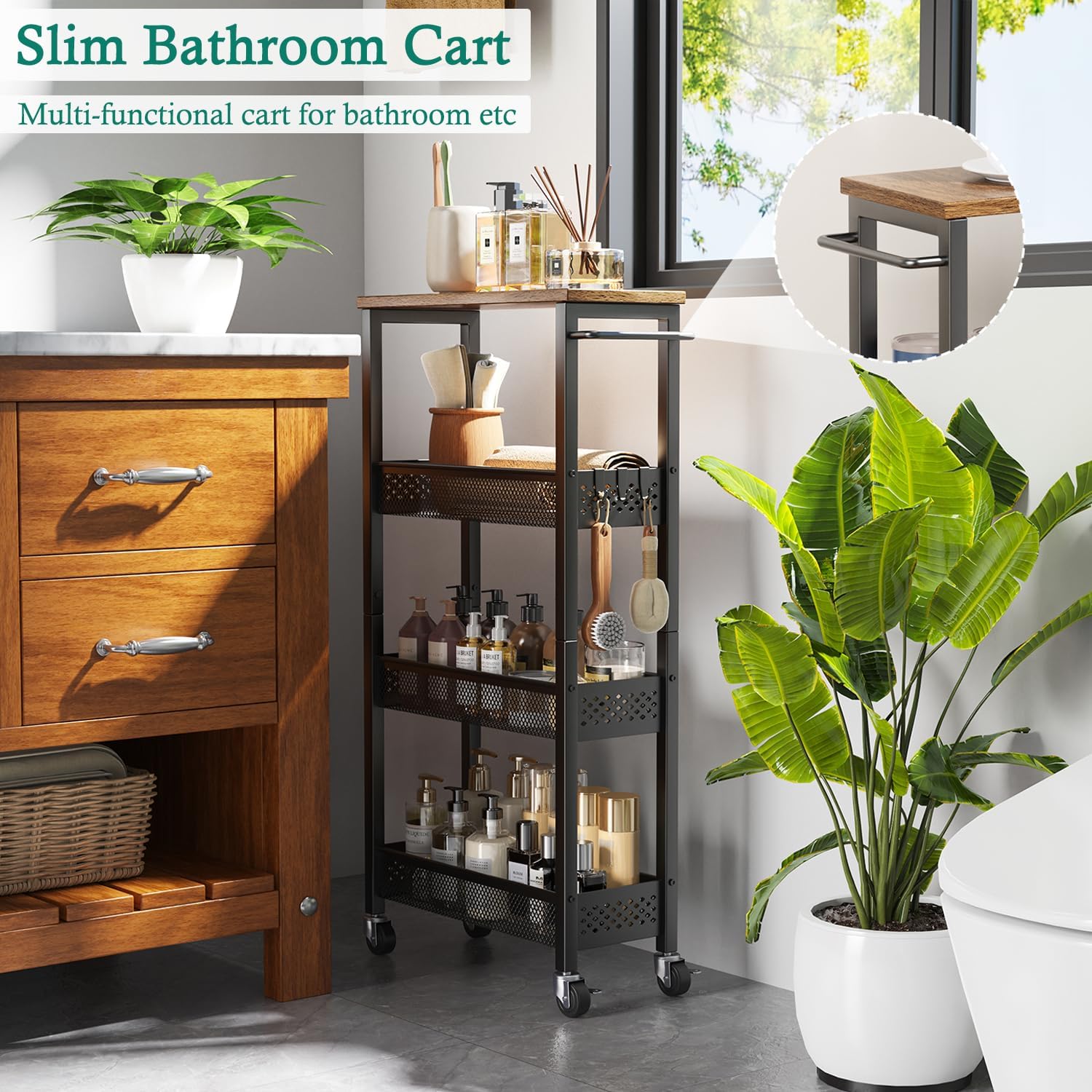 XYZLVSI Slim Storage Cart 4 Tier Narrow Kitchen Rolling Cart on Wheels for Small Space, Mobile Utility Cart Shelving Unit with Wooden Top and Metal Handle for Kitchen, Bathroom, Laundry Room - Image 3