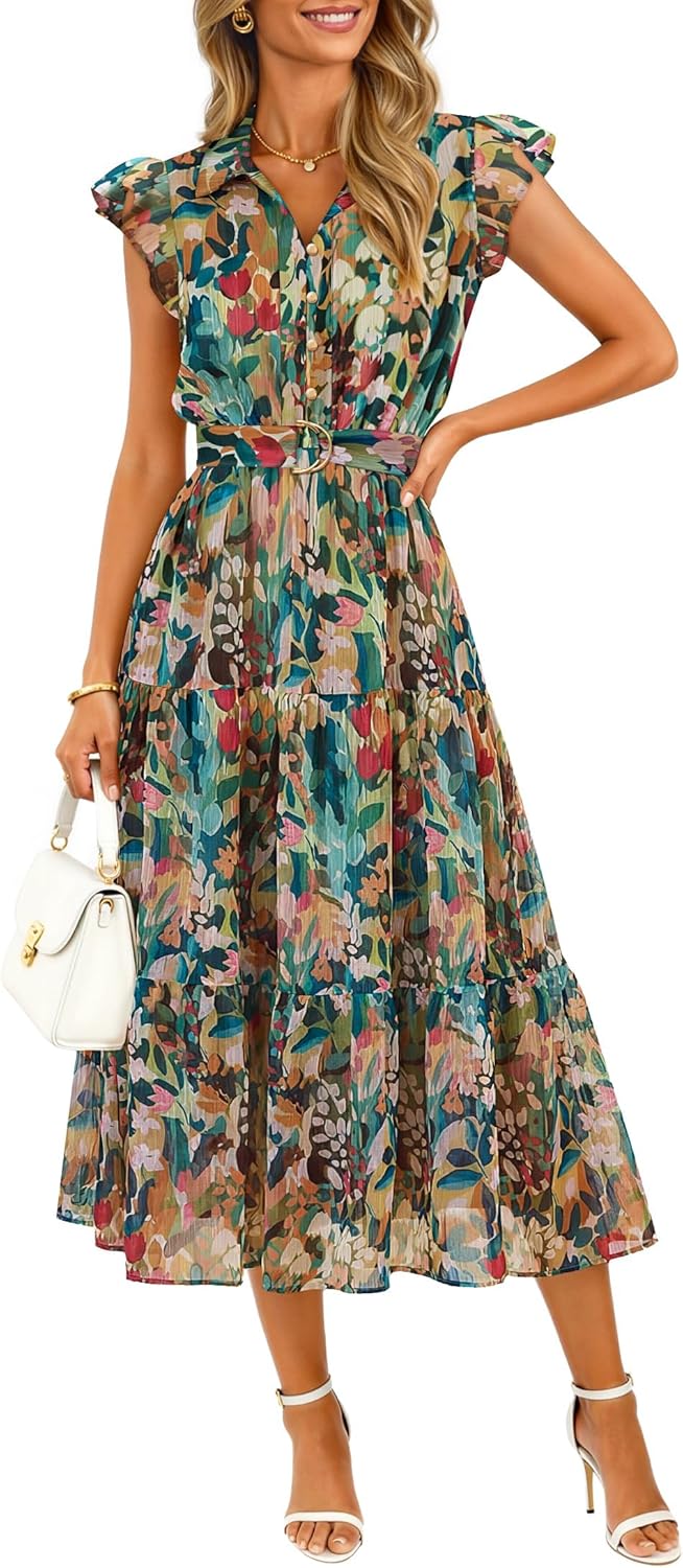 ZESICA Women's Summer Floral Midi Dress 2026 Casual Flutter Short Sleeve Chiffon Button Down Wedding Guest Party Dresses
