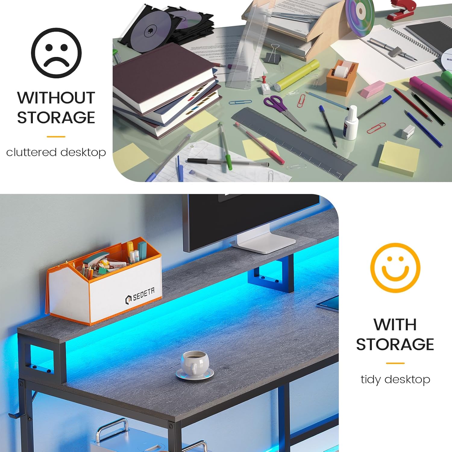 SEDETA L Shaped Desk, 66" Home Office Desk with Wood File Drawer & Power Outlet, Gaming Desk with Led Lights, Corner Computer Desk with Monitor Shelf, Printer Storage Shelves, Two Person Desk, Grey - Image 7