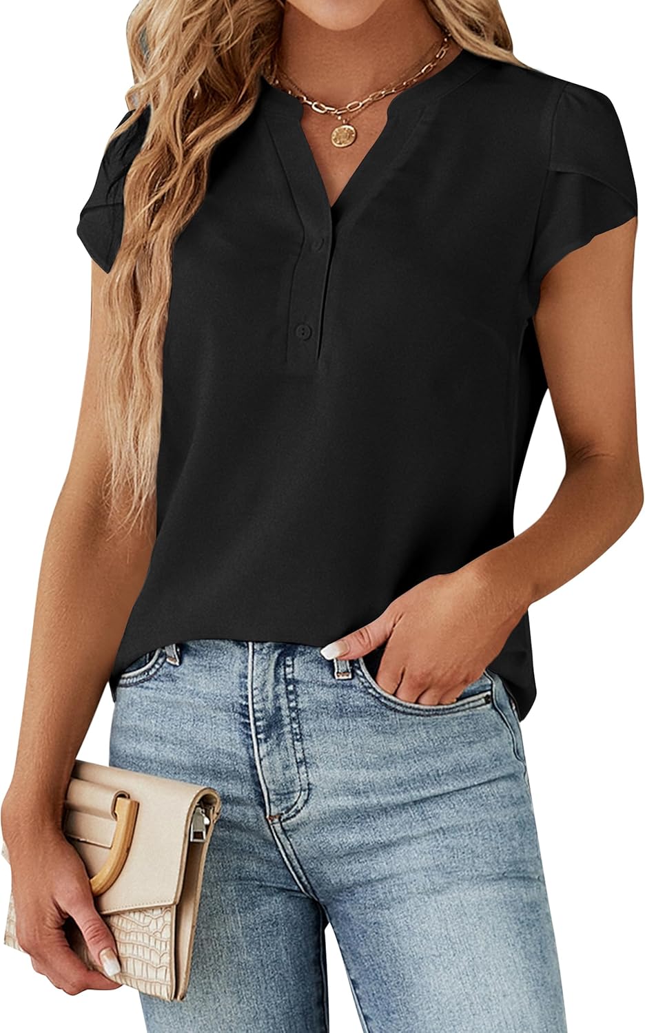 Blooming Jelly Women's Dressy Casual Tops Business Work Blouses Button Down Shirts Cap Sleeve V Neck Tshirt