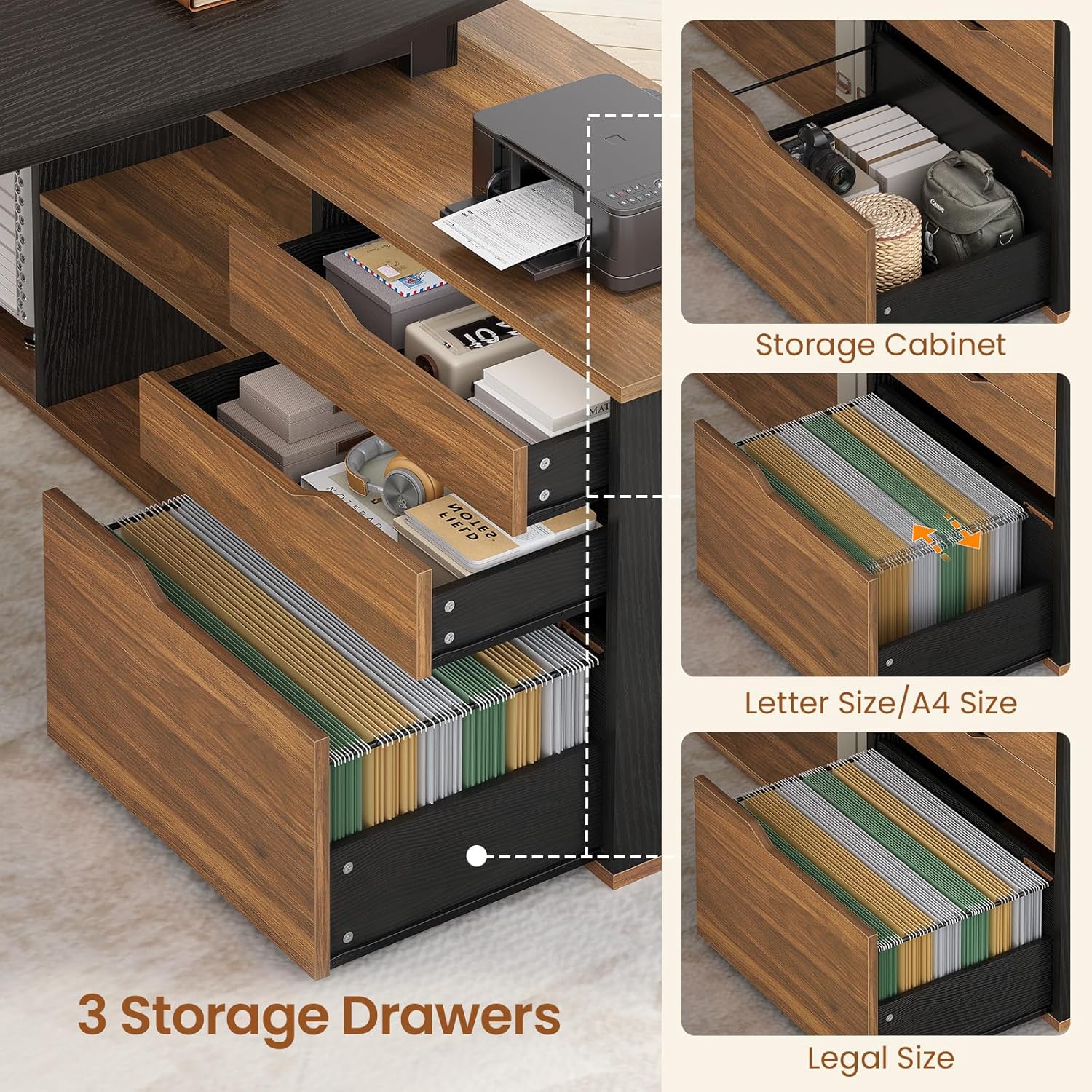 SEDETA 71" Executive Desk with File Cabinet, Large Office Desk with Drawers and Shelves, L Shaped Computer Desk with Power Outlets, Business Furniture Desk Workstation for Home Office, Walnut - Image 5
