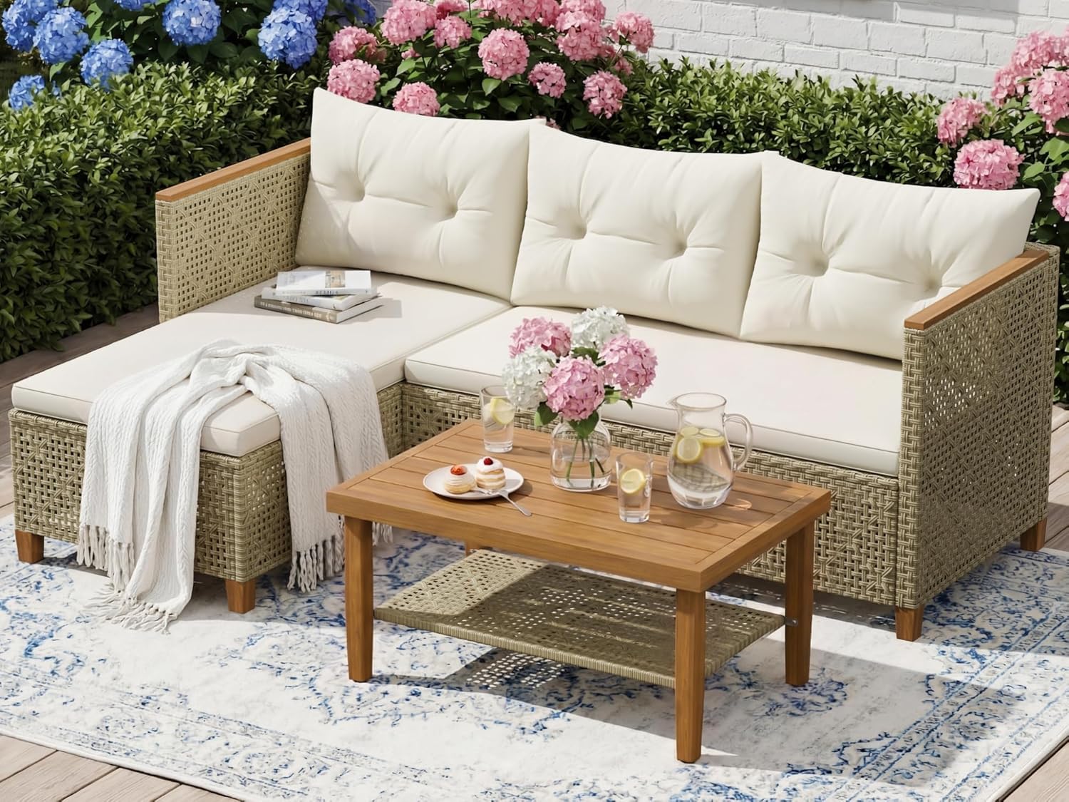 Devoko Wicker Patio Furniture Set, 3 Pieces Outdoor Sofa with Tufted Pillow,PE Rattan Small Sectional Couch Set for Backyard, Deck,Porch & Poolside(Brown)