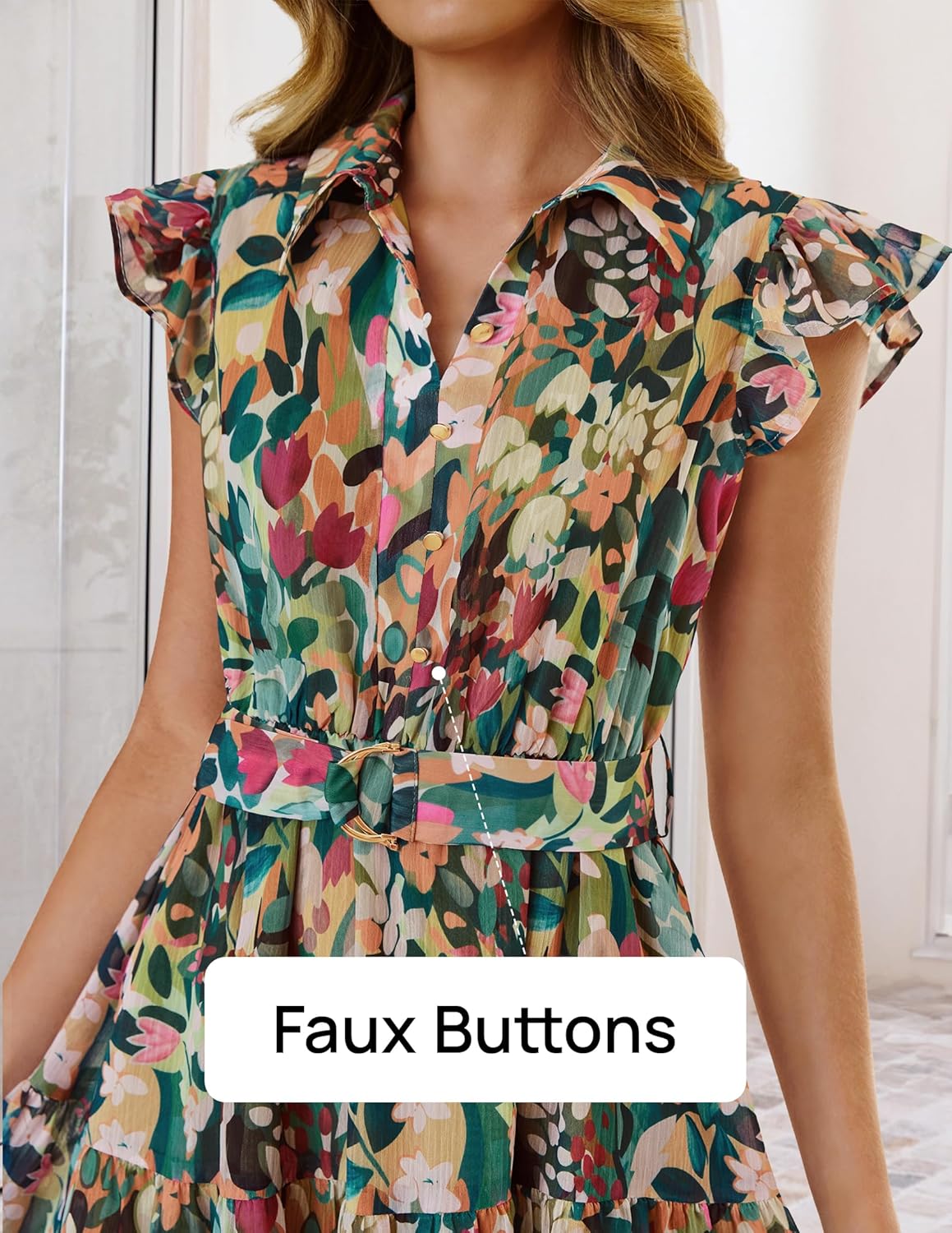 ZESICA Women's Summer Floral Midi Dress 2026 Casual Flutter Short Sleeve Chiffon Button Down Wedding Guest Party Dresses - Image 4