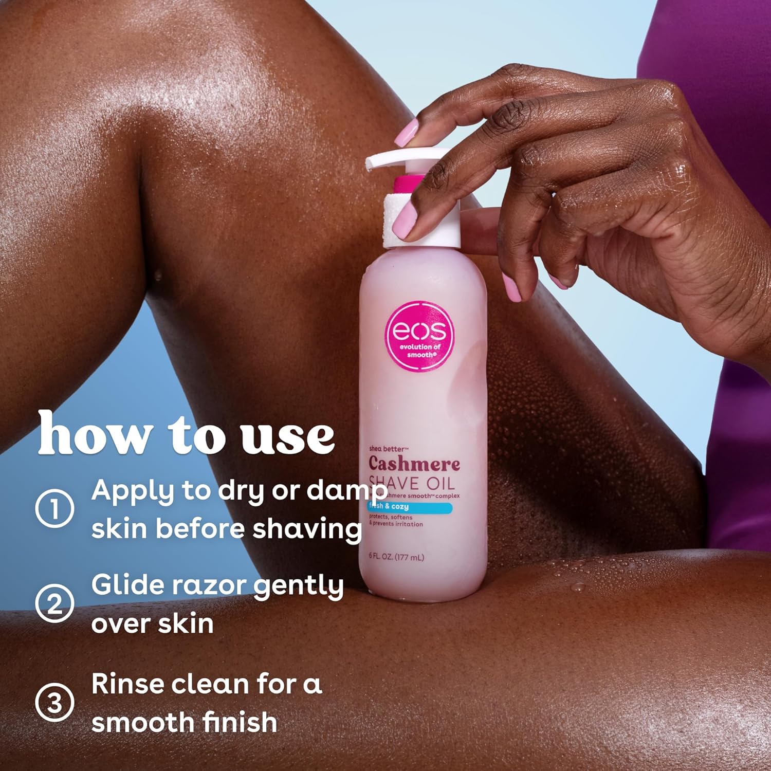 eos Cashmere Shave Oil – Fresh & Cozy, Moisturizing Shave Oil with Shea Butter & Glycerin, Helps Prevents Irritation & Razor Burn, Vegan, 6 fl oz - Image 5