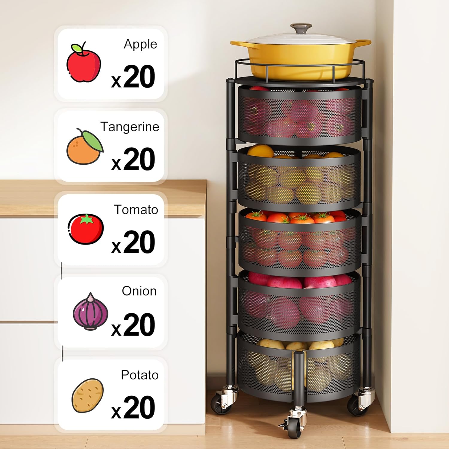 SNTD Fruit and Vegetable Basket Bowls for Kitchen with Metal Top Lid, 5 Tier Rotating Storage Rack Cart for Potato Onion Bread Banana, Wire Basket Organizer on Wheels, Large, Black - Image 4
