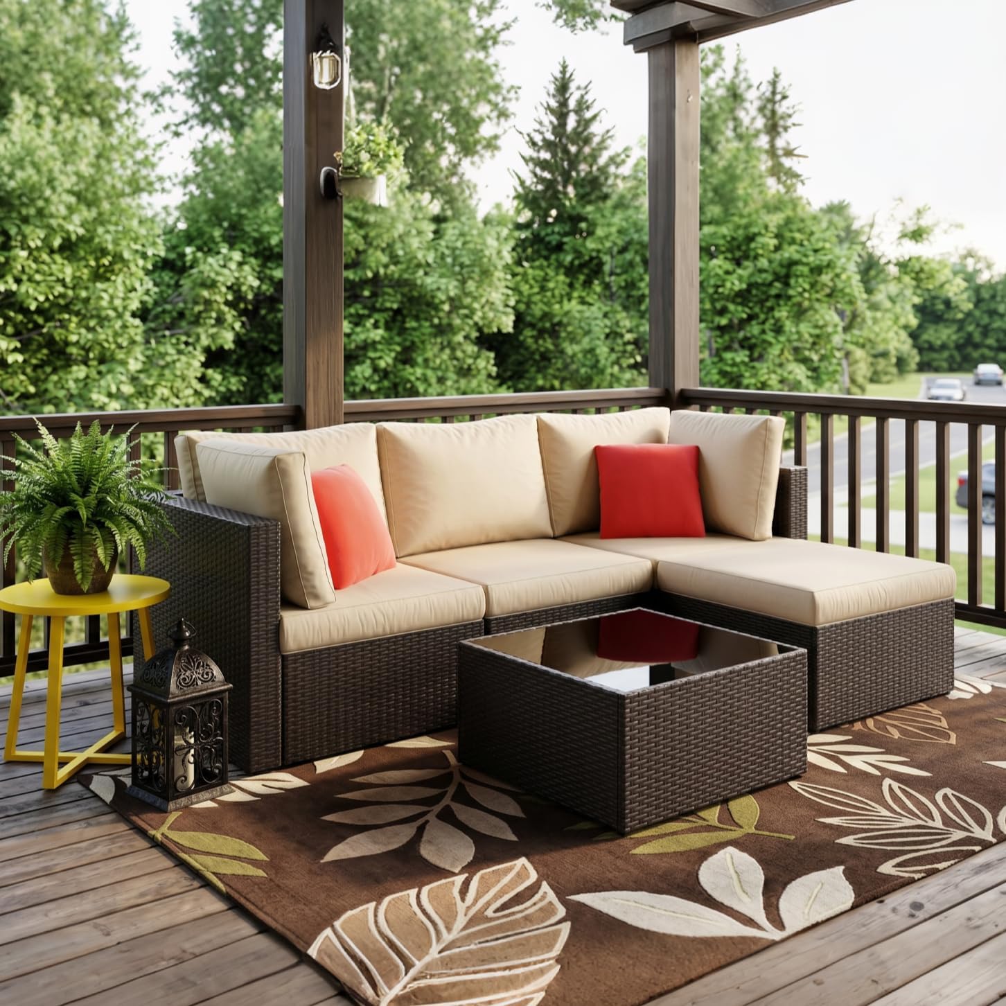 Vongrasig 5 Piece Patio Furniture Sets, Outdoor Patio Set Sectional Sofa, All-Weather PE Rattan Outdoor Couch with Ottoman, Glass Table for Garden, Backyard, Porch, Beige - Image 7