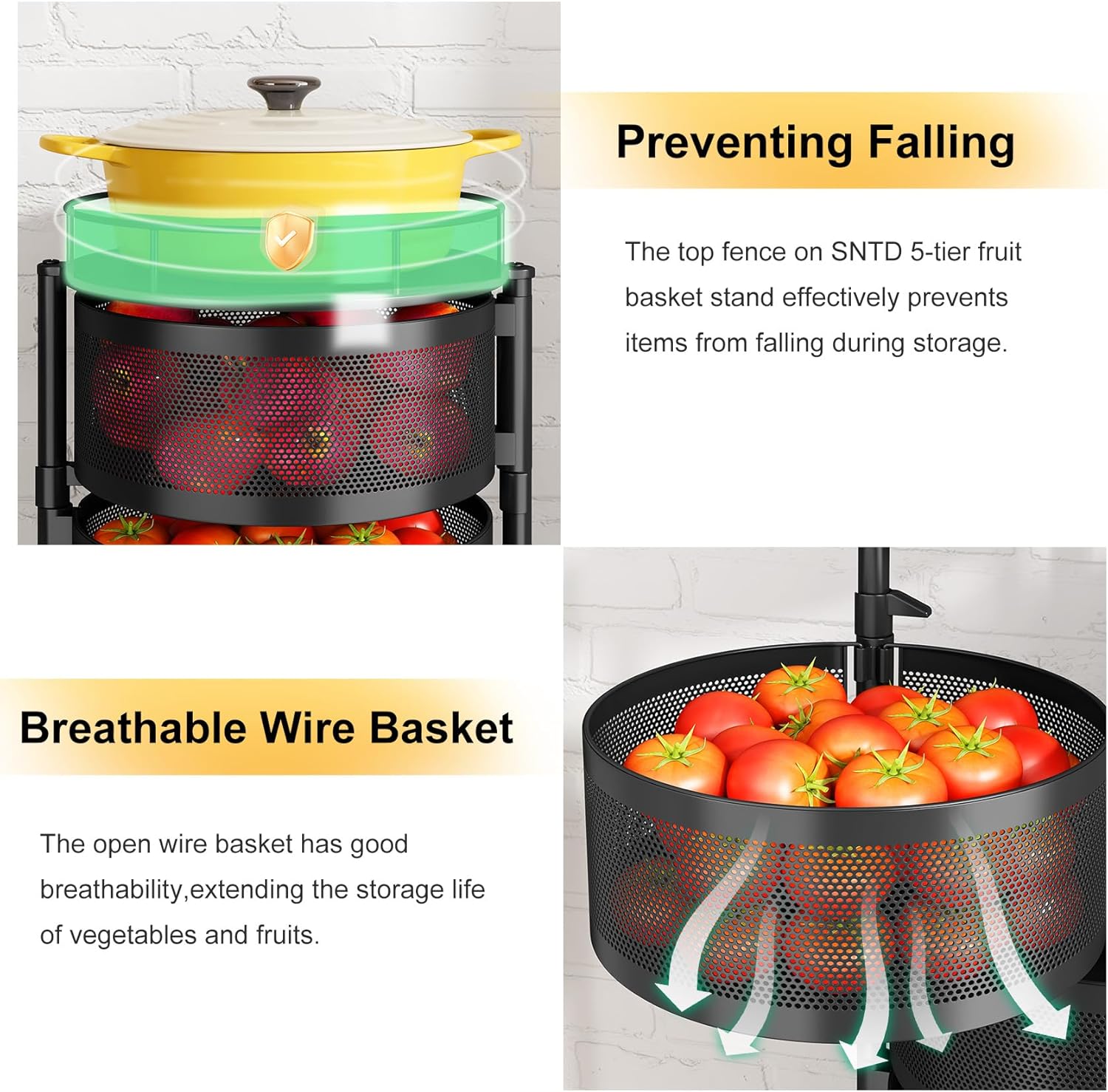 SNTD Fruit and Vegetable Basket Bowls for Kitchen with Metal Top Lid, 5 Tier Rotating Storage Rack Cart for Potato Onion Bread Banana, Wire Basket Organizer on Wheels, Large, Black - Image 3