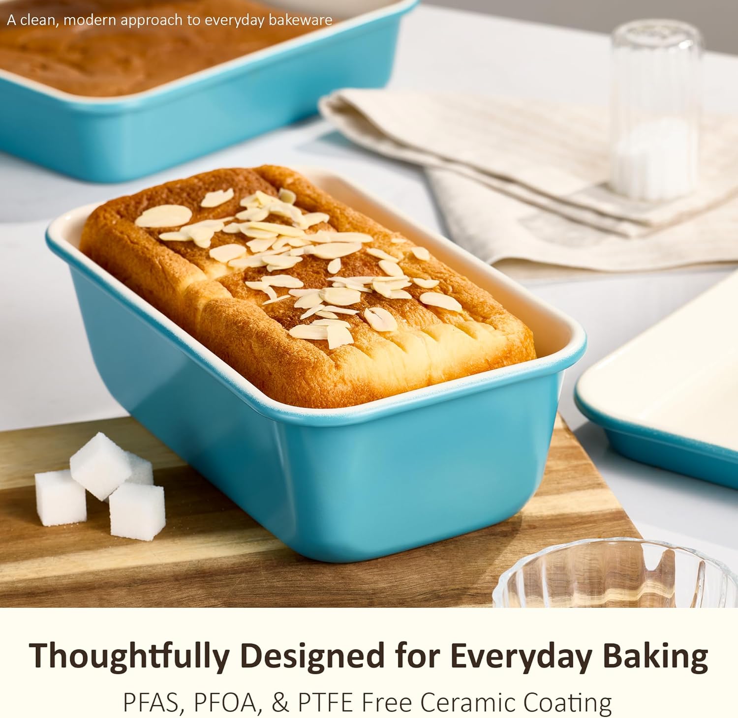 CAROTE 7-Piece Ceramic Baking Pans Set, Aluminized Steel Bakeware Sets, Toxin-Free Nonstick Stackable Oven Pans with Cookie Sheet, Muffin Pan, Loaf Pan, Roasting Pan, Cake Pans, Cooling Rack - Image 3