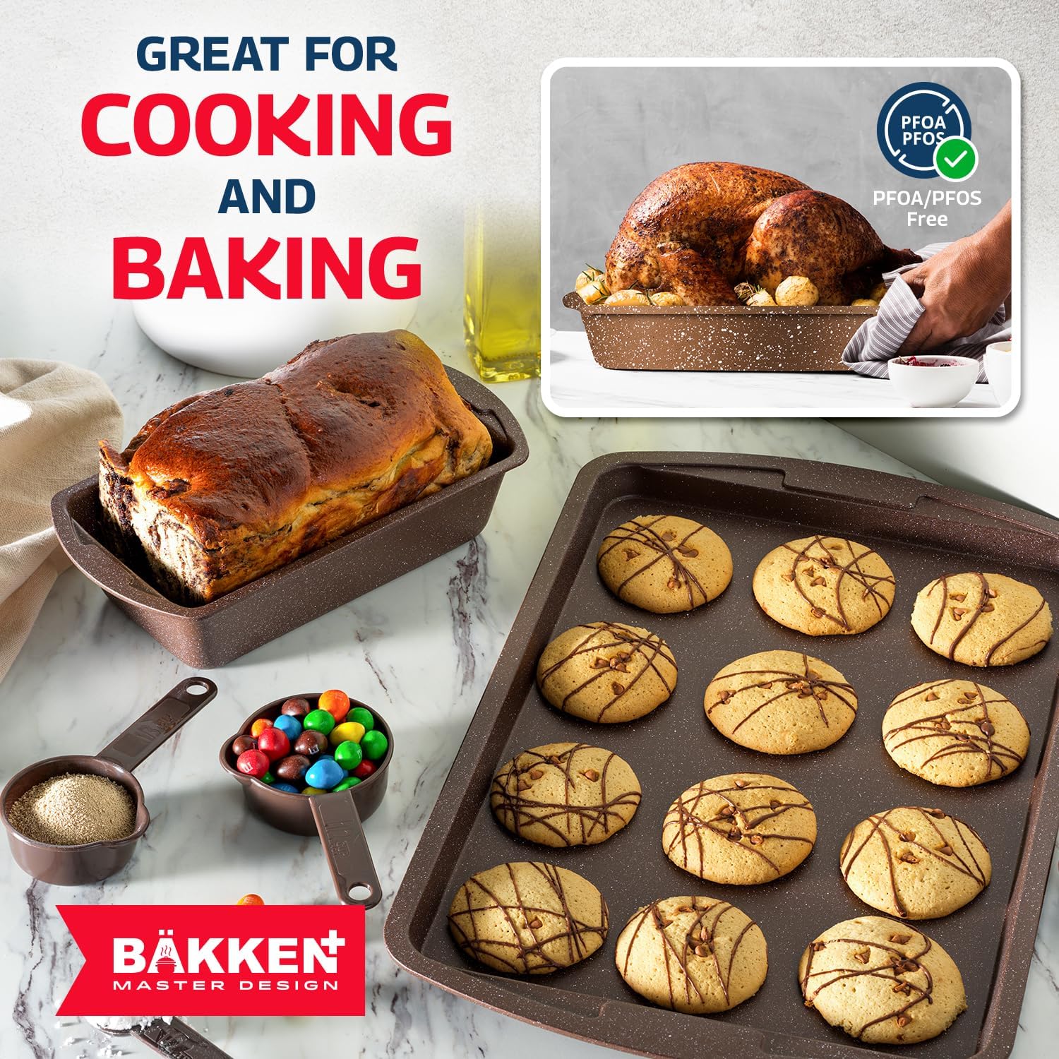 Bakken Master 38 Piece Granite Cookware and Bakeware Set – Nonstick Granite Coating, Pots and Pans with Detachable Handles and Tempered Glass Lids, 6-piece Bakeware set, 12-piece Mixing Bowls,Brown - Image 7