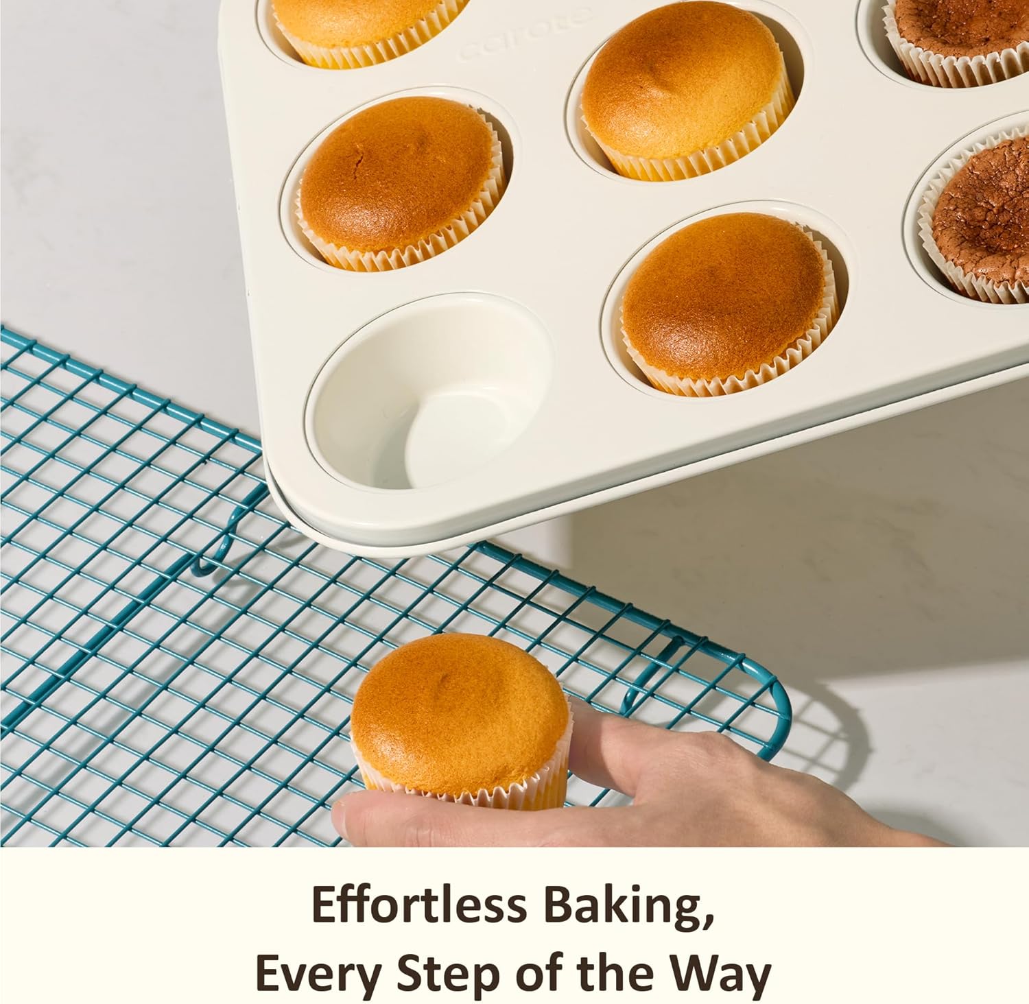 CAROTE 7-Piece Ceramic Baking Pans Set, Aluminized Steel Bakeware Sets, Toxin-Free Nonstick Stackable Oven Pans with Cookie Sheet, Muffin Pan, Loaf Pan, Roasting Pan, Cake Pans, Cooling Rack - Image 5